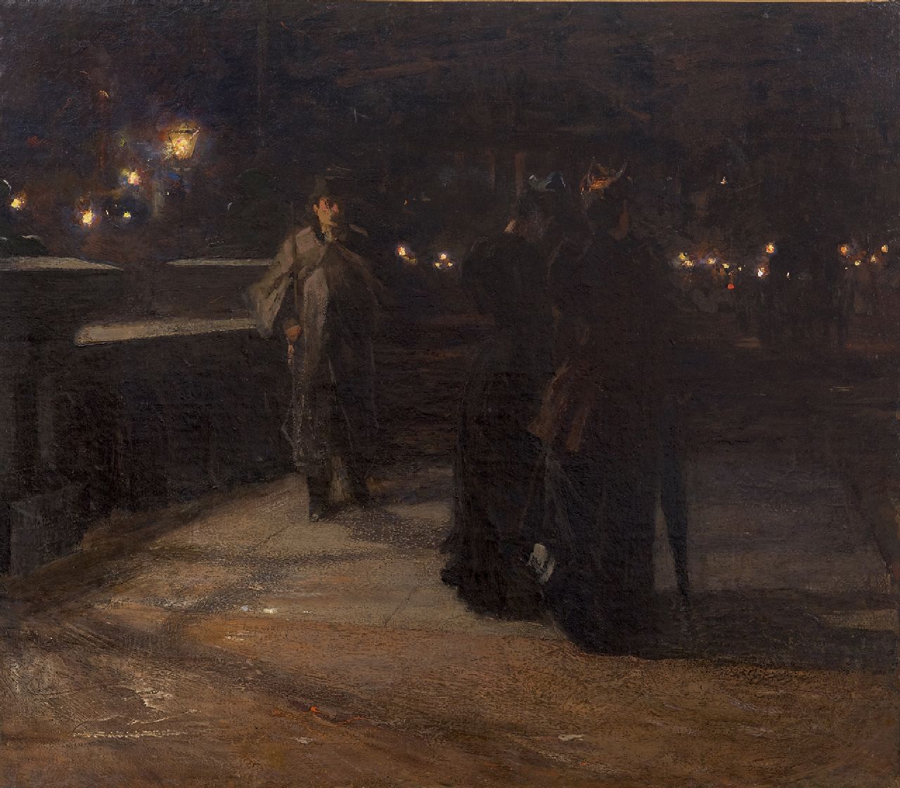 Arntzenius P.F.N.J.  | Pieter Florentius Nicolaas Jacobus 'Floris' Arntzenius, The painter meets two ladies at night, oil on canvas 70.2 x 79.7 cm