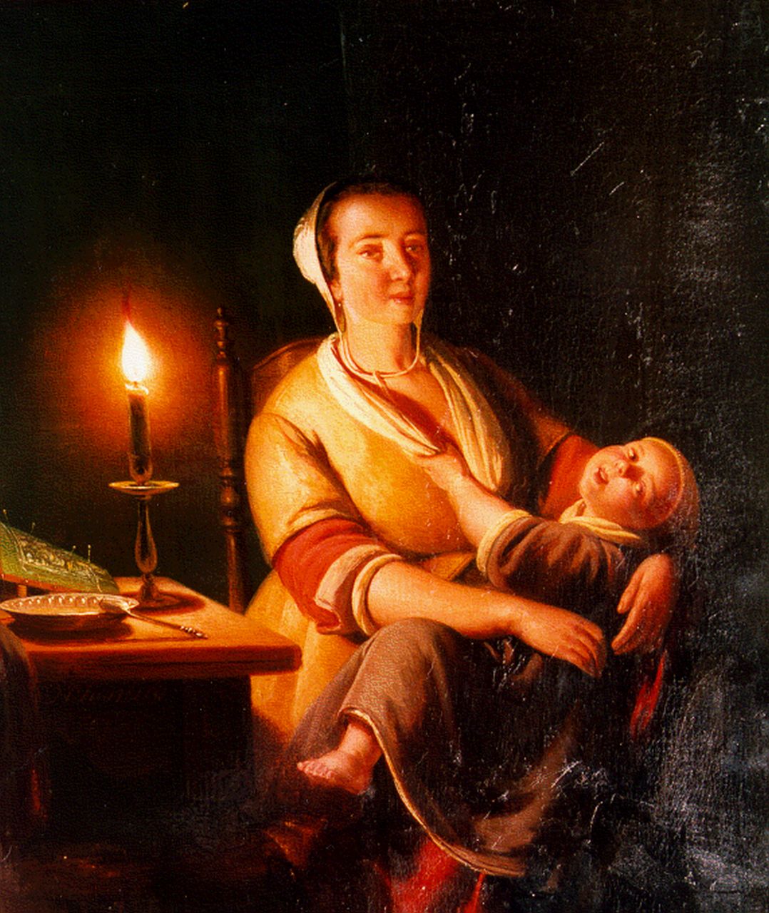 Vaarberg J.C.  | Joannes Christoffel Vaarberg, Mother and child by candlelight, oil on panel 24.1 x 20.3 cm, signed l.l. and dated '61