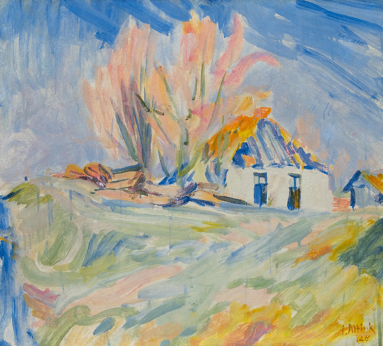 Altink J.  | Jan Altink, The farm 'Blauwborgje' in Groningen, oil on canvas 55.0 x 60.4 cm, signed l.r. and dated '28