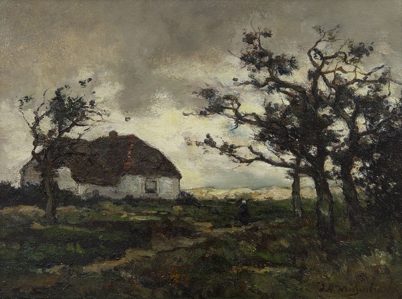 Weissenbruch H.J.  | Hendrik Johannes 'J.H.' Weissenbruch | Paintings offered for sale | Landscape with farmhouse near Dekkersduin, The Hague, oil on paper laid down on panel 23.2 x 31.1 cm, signed l.r.