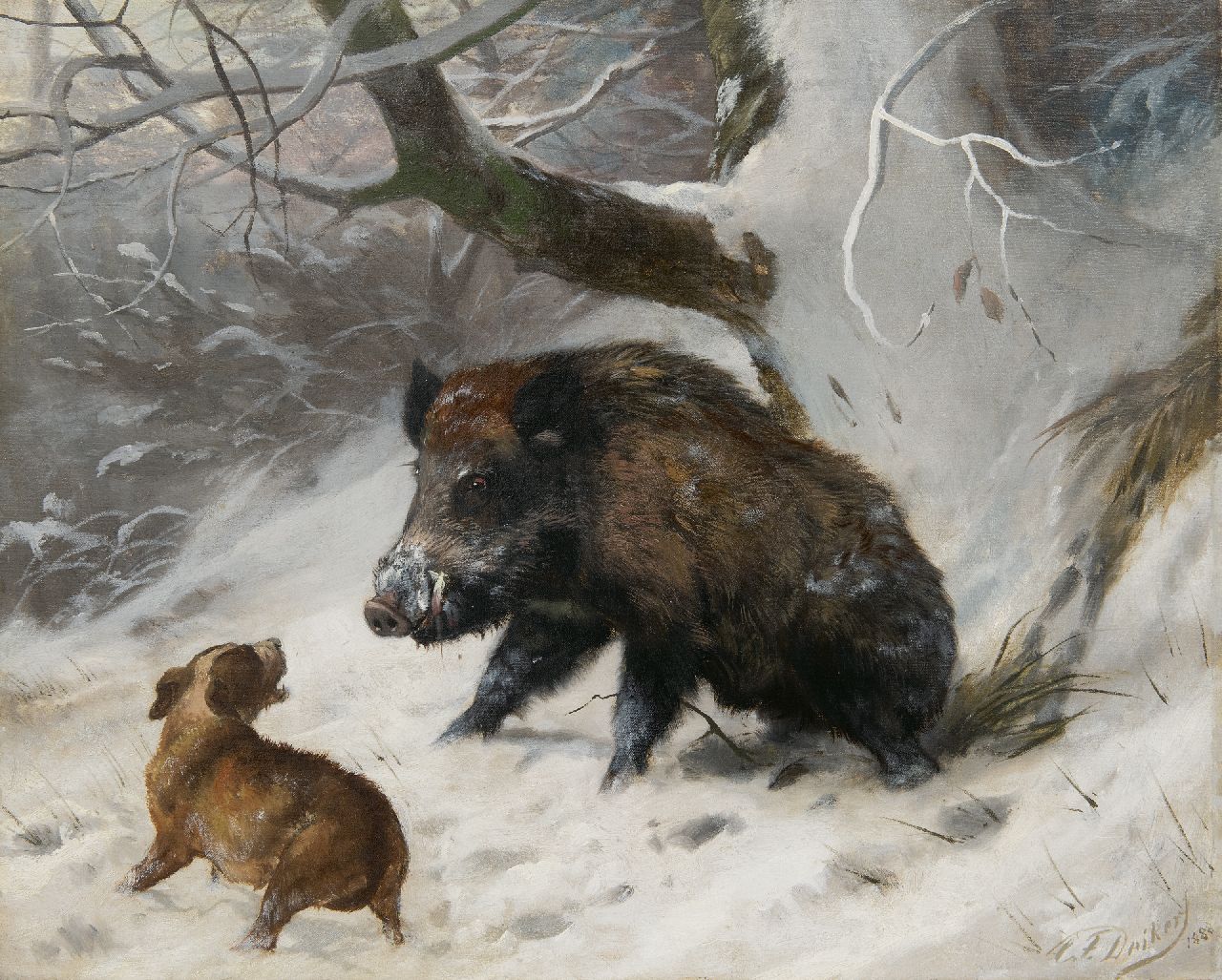 Deiker C.F.  | Carl Friedrich Deiker, Hound tracking down a wild boar, oil on canvas 40.2 x 49.8 cm, signed l.r. and dated 1888