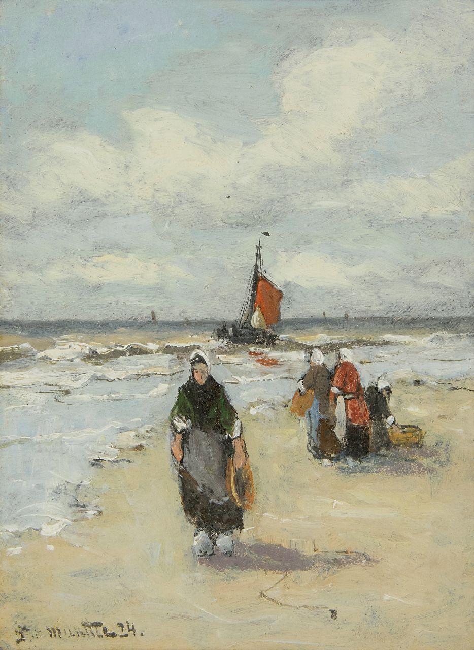 Munthe G.A.L.  | Gerhard Arij Ludwig 'Morgenstjerne' Munthe, Fisherman's wives on the beach, oil on board 20.0 x 15.0 cm, signed l.l. and dated '24