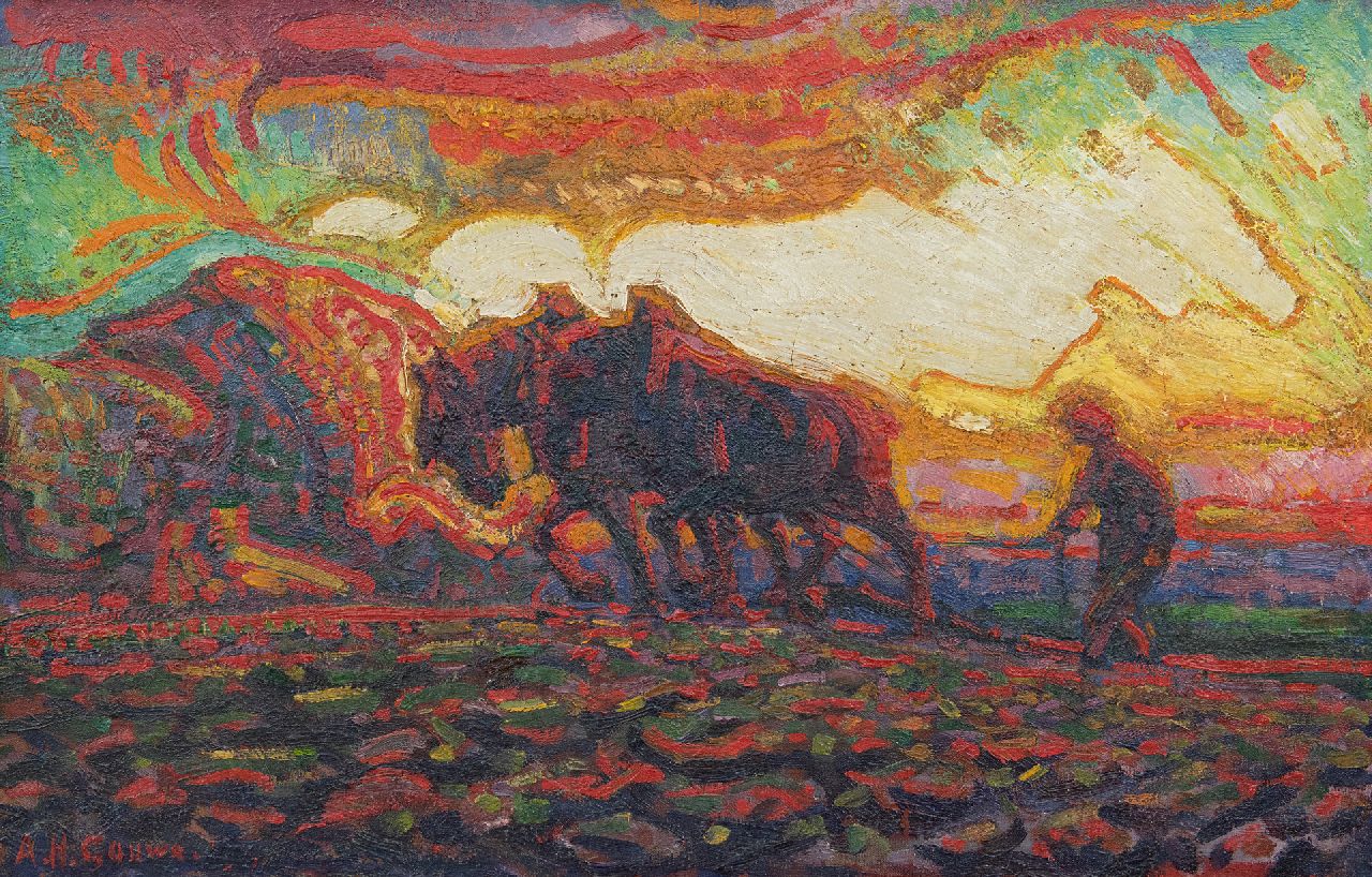 Gouwe A.H.  | Adriaan Herman Gouwe, Plowing farmer, oil on canvas 31.4 x 48.4 cm, signed l.l. and painted ca. 1910-1915