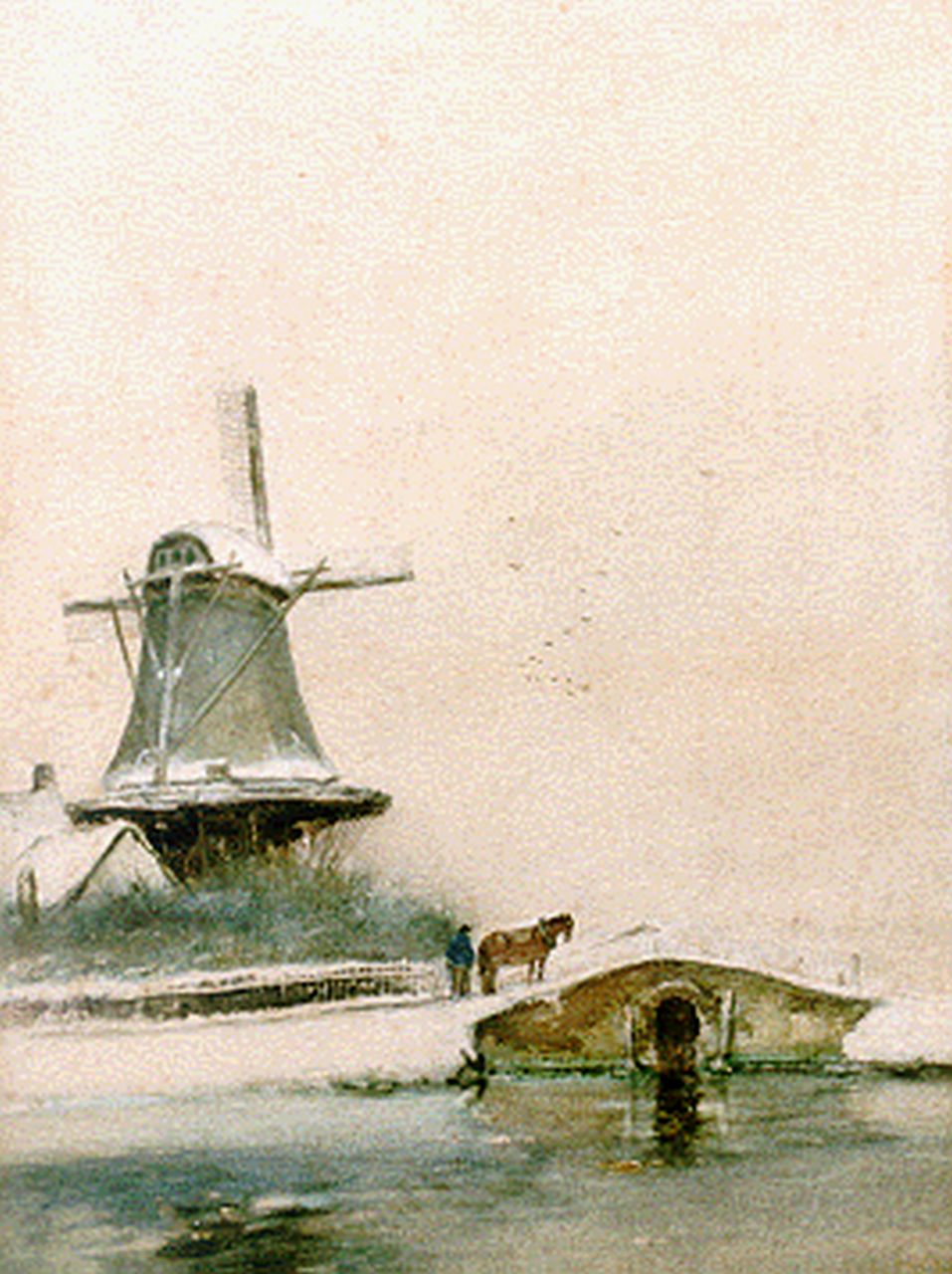 Apol L.F.H.  | Lodewijk Franciscus Hendrik 'Louis' Apol, A windmill in a snow-covered landscape, watercolour on paper 36.1 x 27.1 cm, signed l.l.