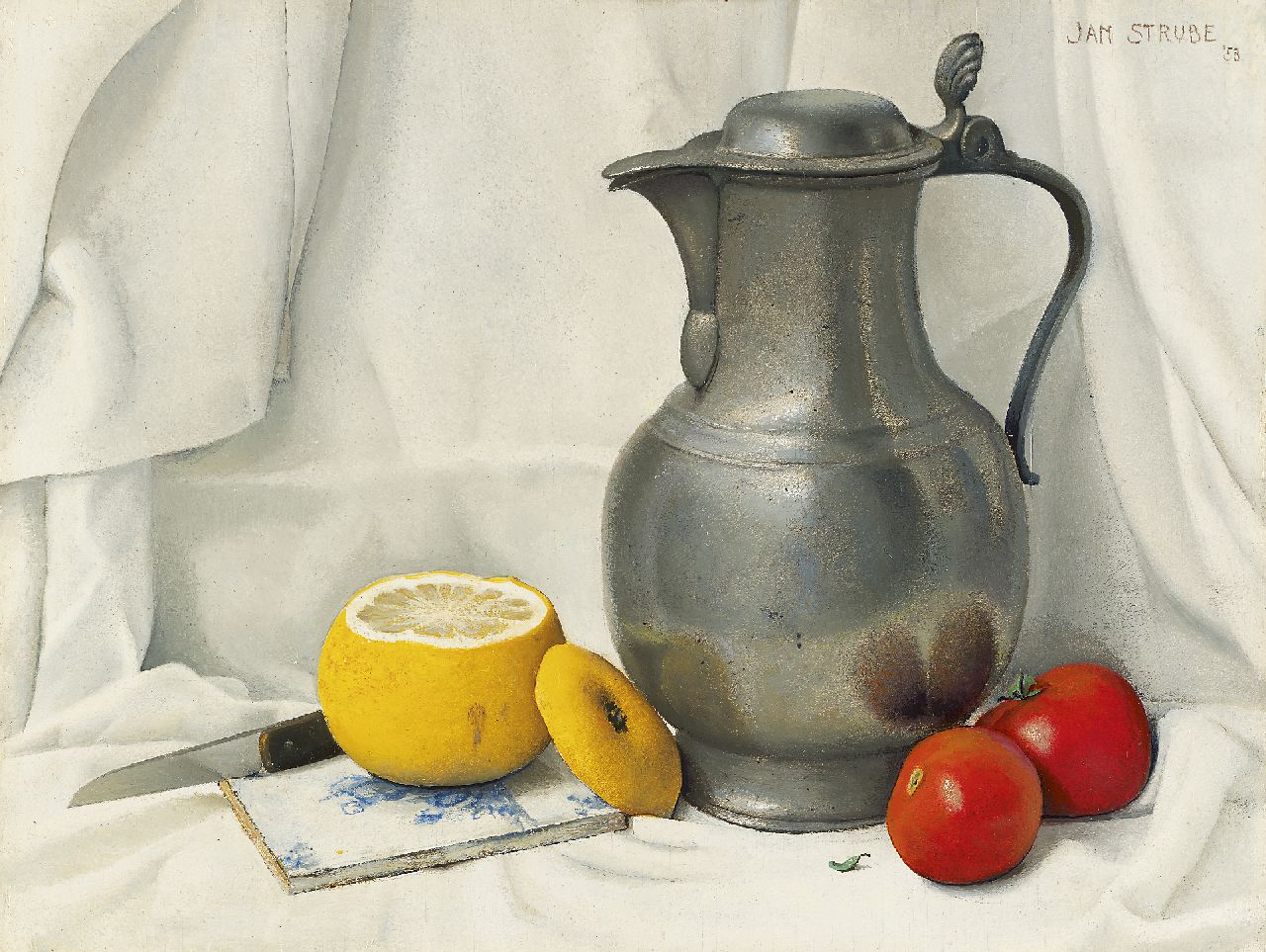 Strube J.H.  | Johan Hendrik 'Jan' Strube | Paintings offered for sale | Still life with a tin jar, a lemon and tomatoes, oil on panel 31.1 x 40.8 cm, signed u.r. and dated '53