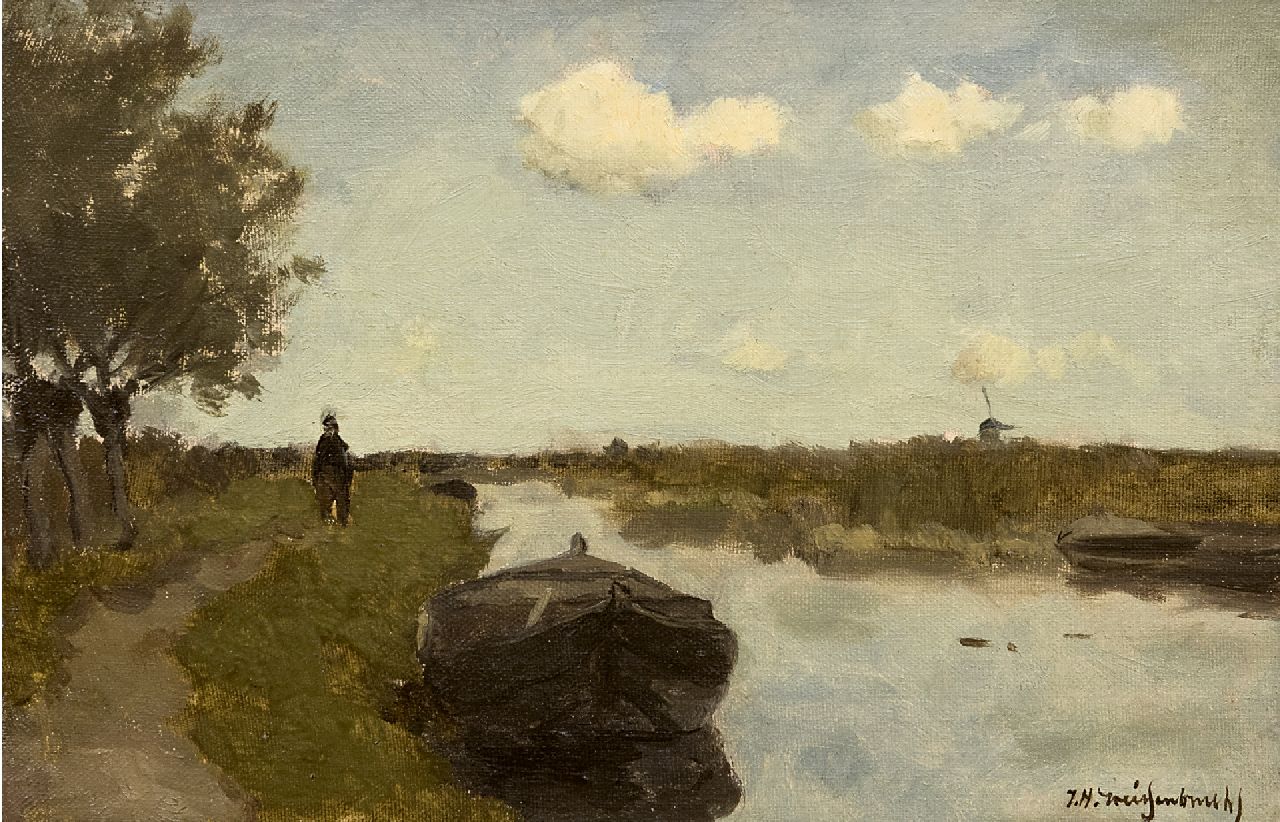 Weissenbruch H.J.  | Hendrik Johannes 'J.H.' Weissenbruch, Along the towpath, oil on canvas laid down on panel 21.0 x 31.0 cm, signed l.r.