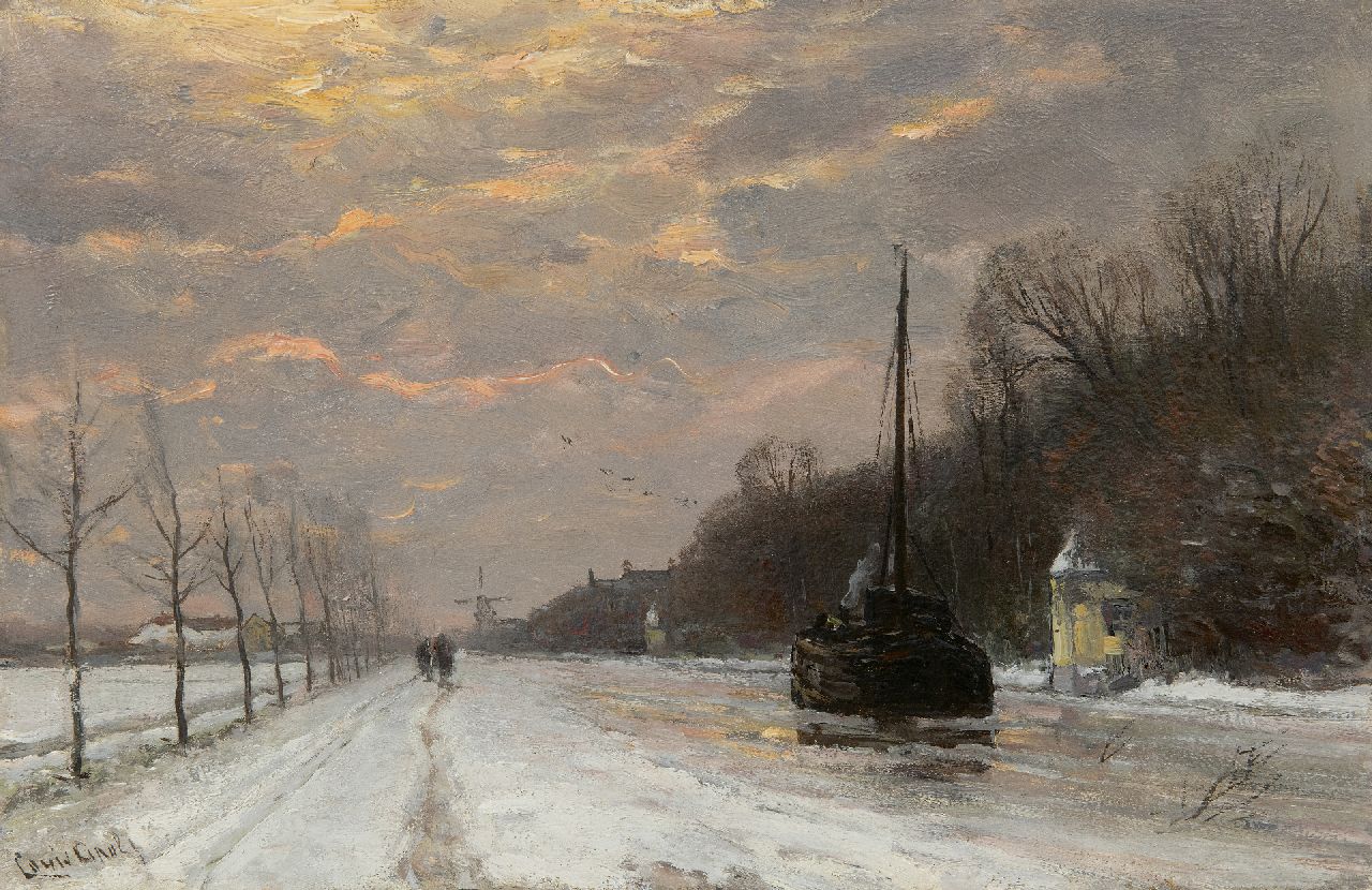 Apol L.F.H.  | Lodewijk Franciscus Hendrik 'Louis' Apol, A barge on the river Vecht in winter, oil on panel 27.5 x 42.1 cm, signed l.l.