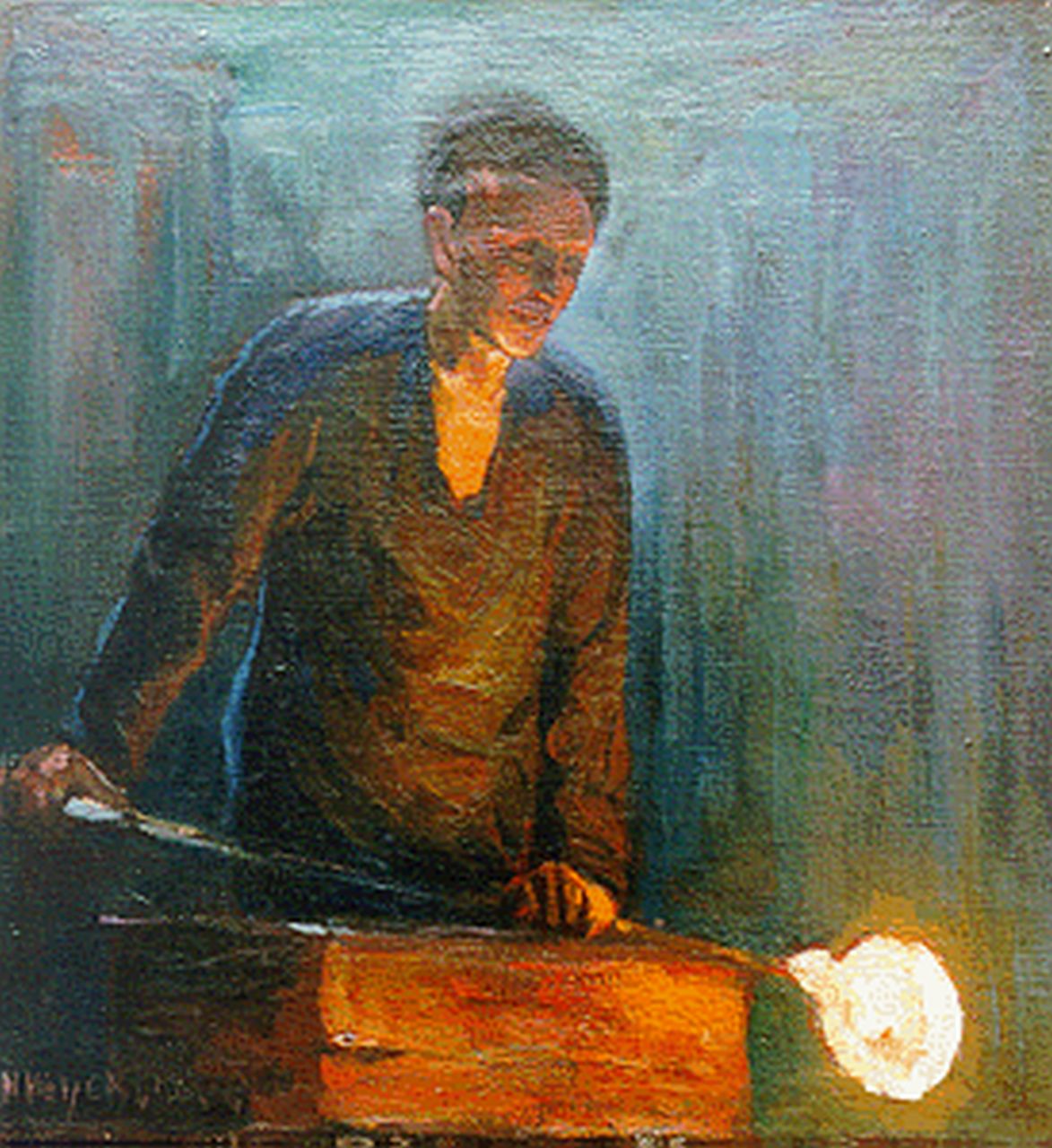 Heijenbrock J.C.H.  | Johan Coenraad Hermann 'Herman' Heijenbrock, A glassblower, oil on canvas 35.0 x 32.7 cm, signed l.l.