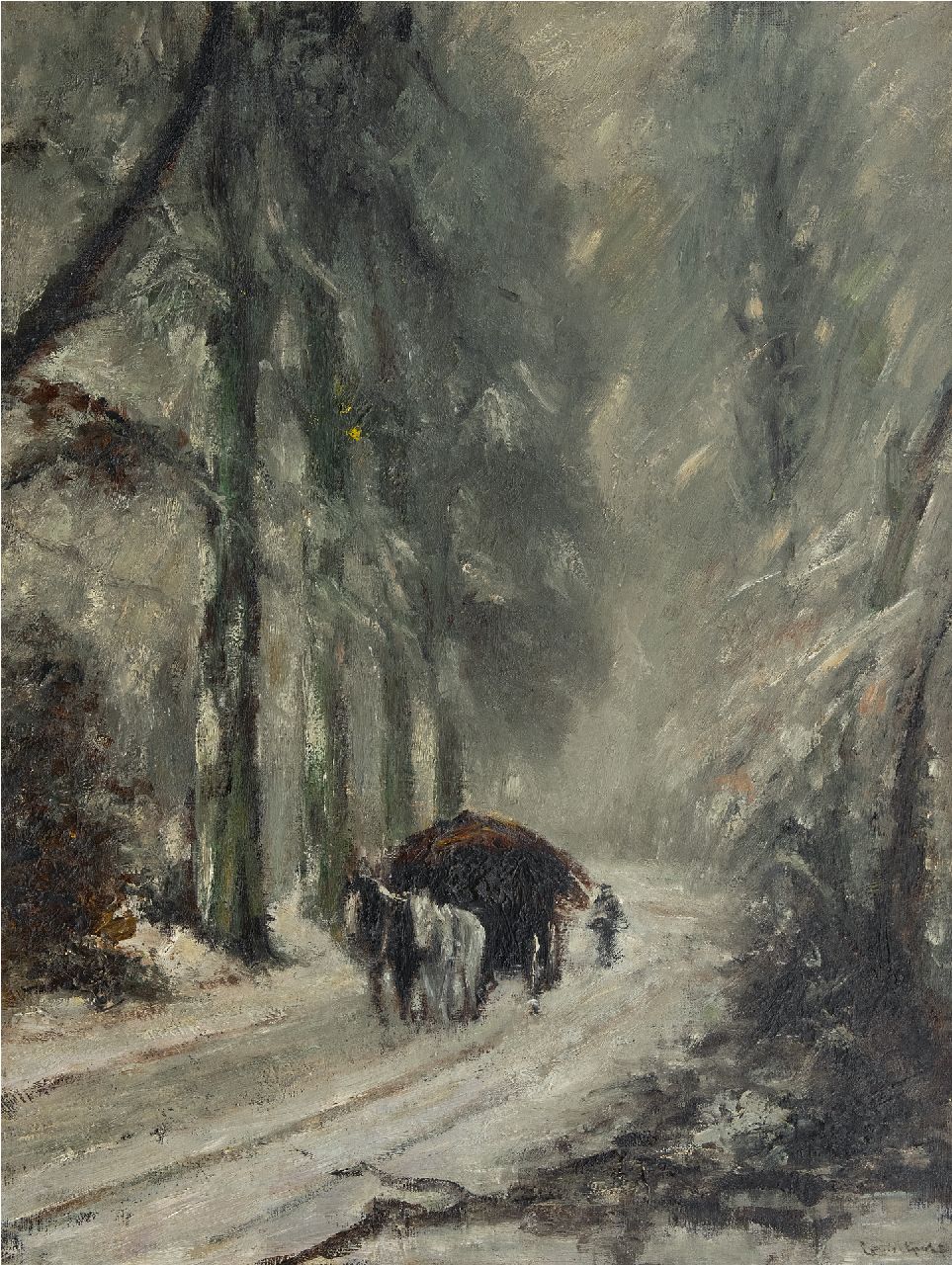 Apol L.F.H.  | Lodewijk Franciscus Hendrik 'Louis' Apol | Paintings offered for sale | After snowfall: horse and cart on snowy forest path, oil on canvas 81.0 x 61.0 cm, signed l.l.