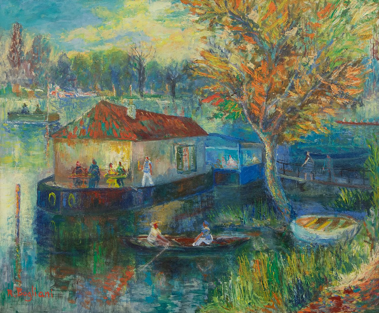 Bogliani R.  | Robert. Bogliani | Paintings offered for sale | summer café on the river, oil on board 50.0 x 61.0 cm, signed l.l.