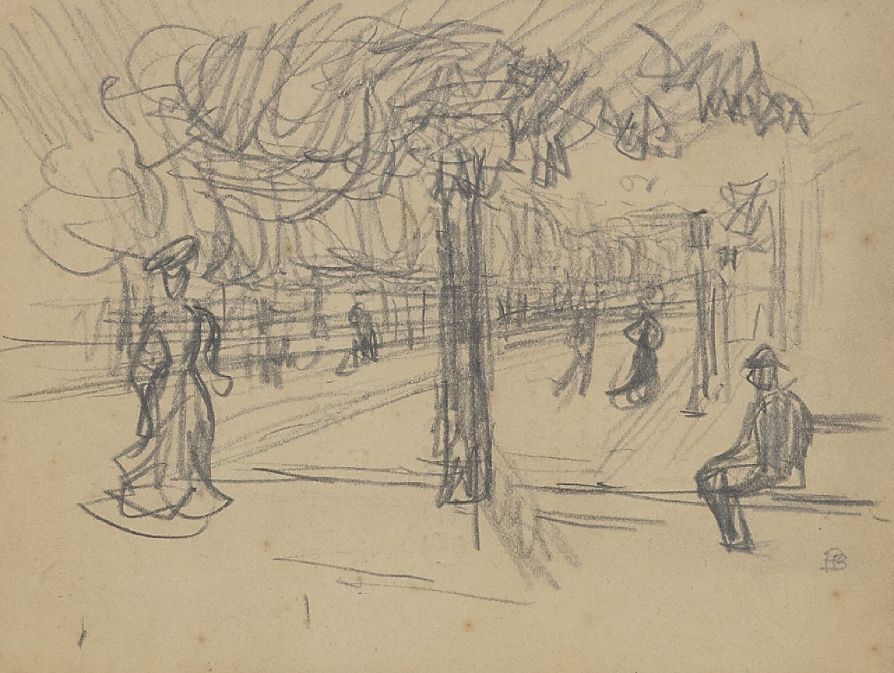 Bonnard P.E.F.  | 'Pierre' Eugène Frédéric Bonnard | Watercolours and drawings offered for sale | Boulevard animé, black chalk on paper 10.9 x 14.0 cm, signed l.r. with monogram