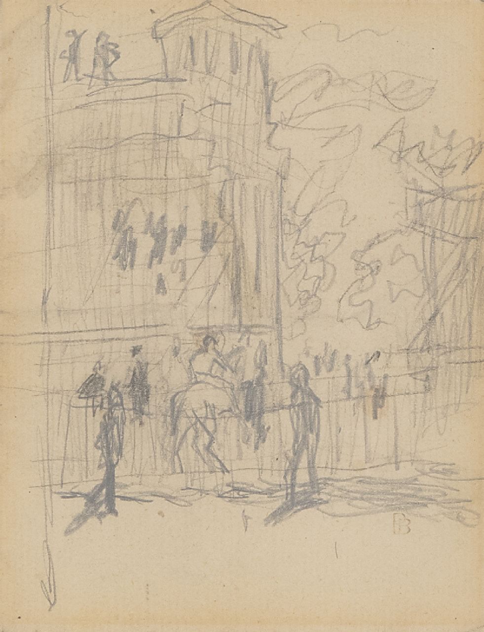 Bonnard P.E.F.  | 'Pierre' Eugène Frédéric Bonnard | Watercolours and drawings offered for sale | At the races, pencil on paper 11.0 x 8.5 cm, signed l.r. with stamp