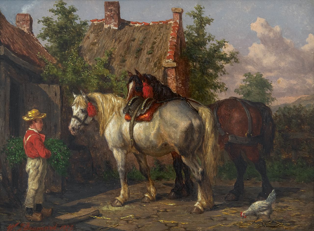 Boogaard W.J.  | Willem Johan Boogaard | Paintings offered for sale | Horses and groomsman by a stable, oil on panel 20.0 x 27.2 cm, signed l.l. and dated 1877
