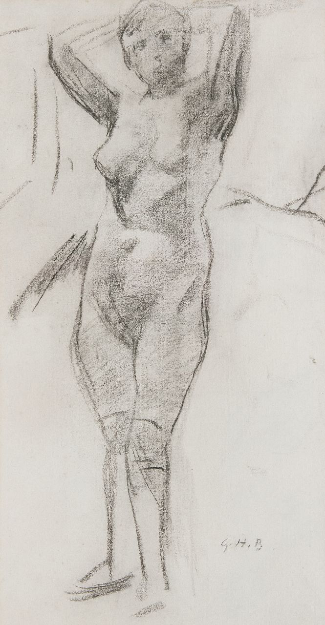 Breitner G.H.  | George Hendrik Breitner | Watercolours and drawings offered for sale | Standing nude, charcoal on paper 56.0 x 30.0 cm, signed l.r. with initials and drawn ca. 1900