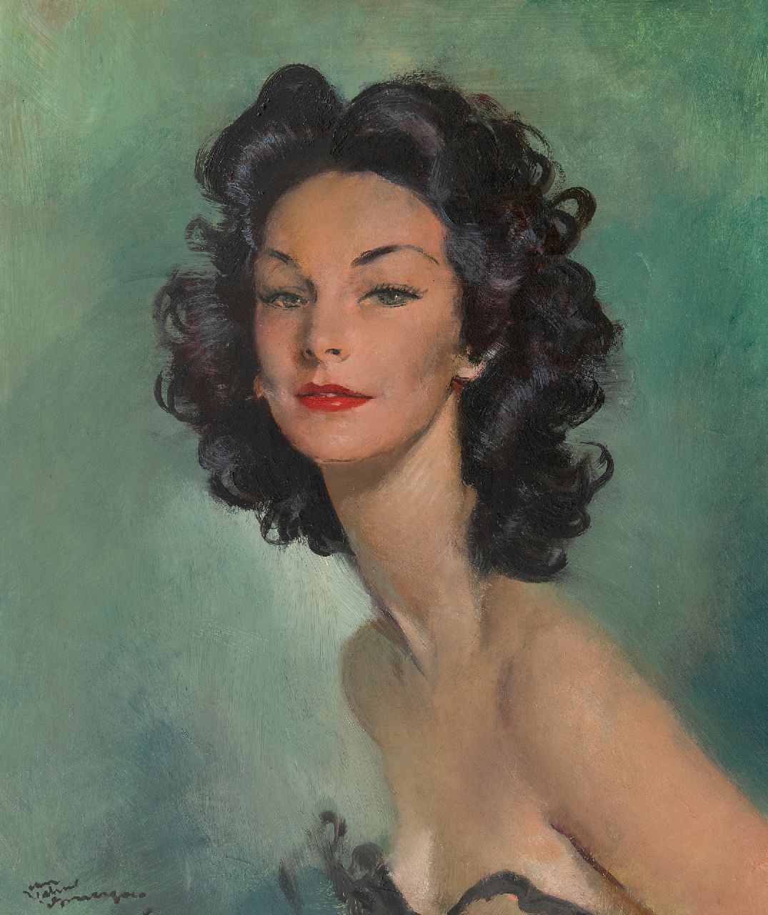 Domergue J.G.  | Jean-Gabriel Domergue | Paintings offered for sale | Jeune femme aux cheveux noirs, oil on board 54.8 x 46.0 cm, signed l.l.