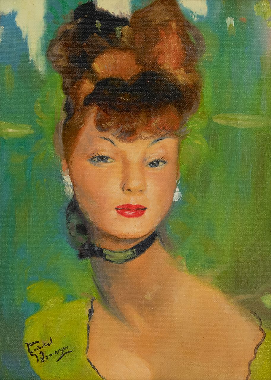 Domergue J.G.  | Jean-Gabriel Domergue | Paintings offered for sale | Young woman dressed in green, oil on canvas 33.5 x 24.0 cm, signed l.l.