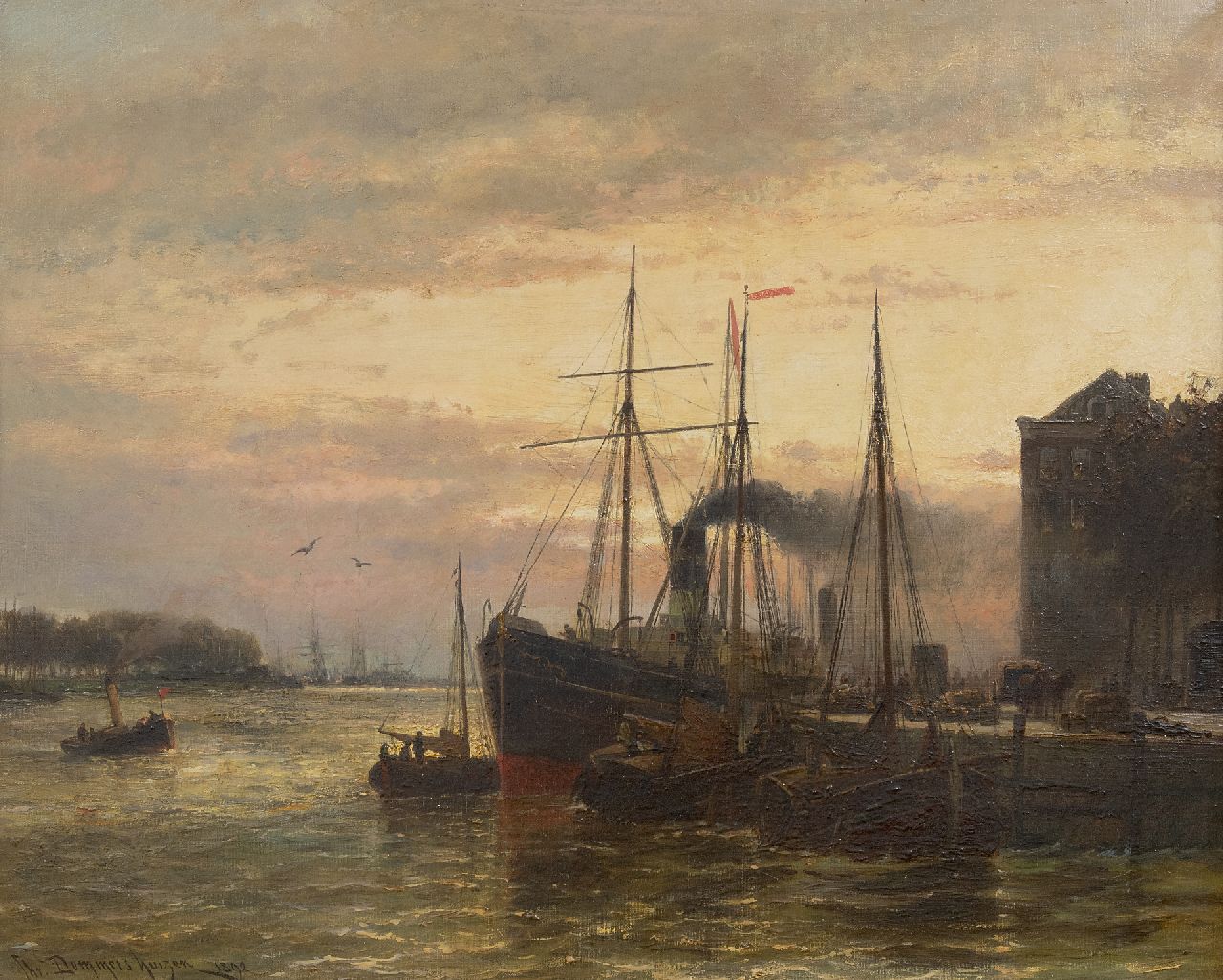 Dommelshuizen C.C.  | Cornelis Christiaan Dommelshuizen | Paintings offered for sale | Cargo ship at the quay in Rotterdam, oil on canvas 52.5 x 65.5 cm, signed l.l. and dated 1892