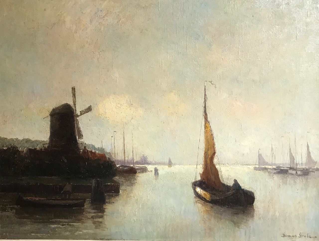 Grobe P.G.  | Philipp 'German' Grobe | Paintings offered for sale | Mill on the outskirts of town with harbor and sailing boat, oil on canvas 60.0 x 80.5 cm, signed l.r.