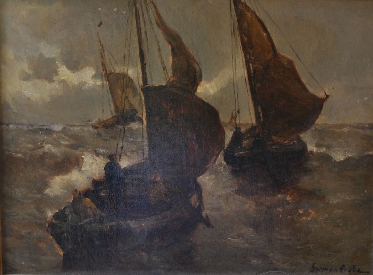 Grobe P.G. | Philipp 'German' Grobe | Paintings offered for sale | Fishing barges sailing out in a storm, oil on board 30.5 x 40.5 cm, signed l.r. Grobe P.G. | Philipp 'German' Grobe | Paintings offered for sale | Fishing barges sailing out in a storm, oil on board 30.5 x 40.5 cm, signed l.r.