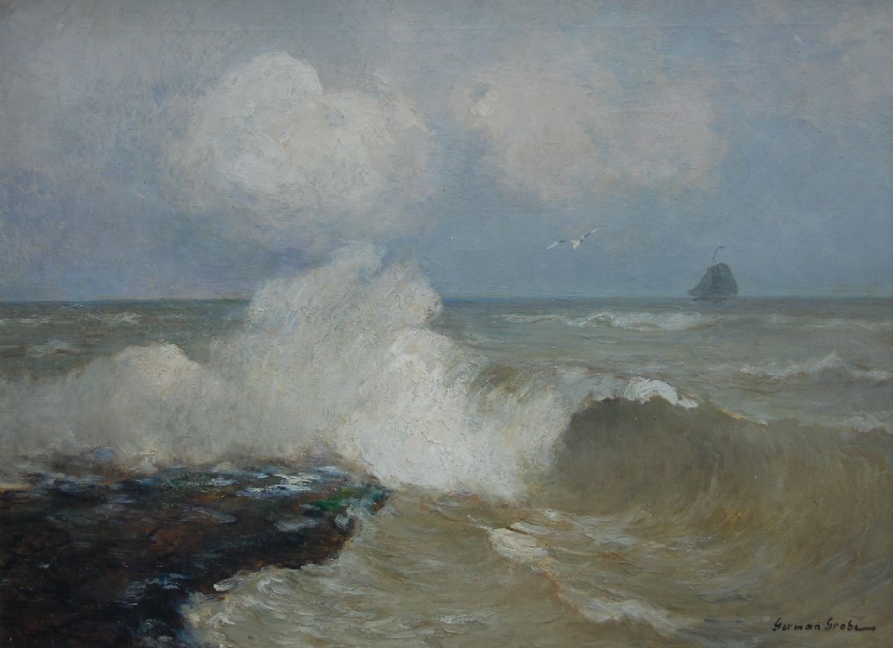 Grobe P.G.  | Philipp 'German' Grobe | Paintings offered for sale | Splashing waves at the uitwatering, Katwijk aan Zee   55/5000  Splashing waves at the Uitwatering, Katwijk aan Zee, oil on canvas 60.5 x 80.5 cm, signed l.l.