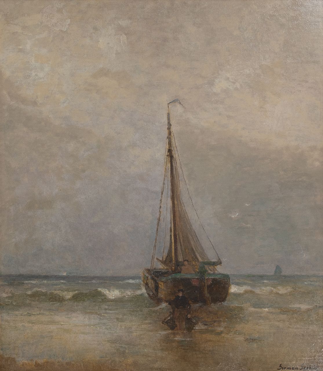 Grobe P.G. | Philipp 'German' Grobe | Paintings offered for sale | Fishing boat in the surf, oil on canvas 80.5 x 70.5 cm, signed l.r. Grobe P.G. | Philipp 'German' Grobe | Paintings offered for sale | Fishing boat in the surf, oil on canvas 80.5 x 70.5 cm, signed l.r.