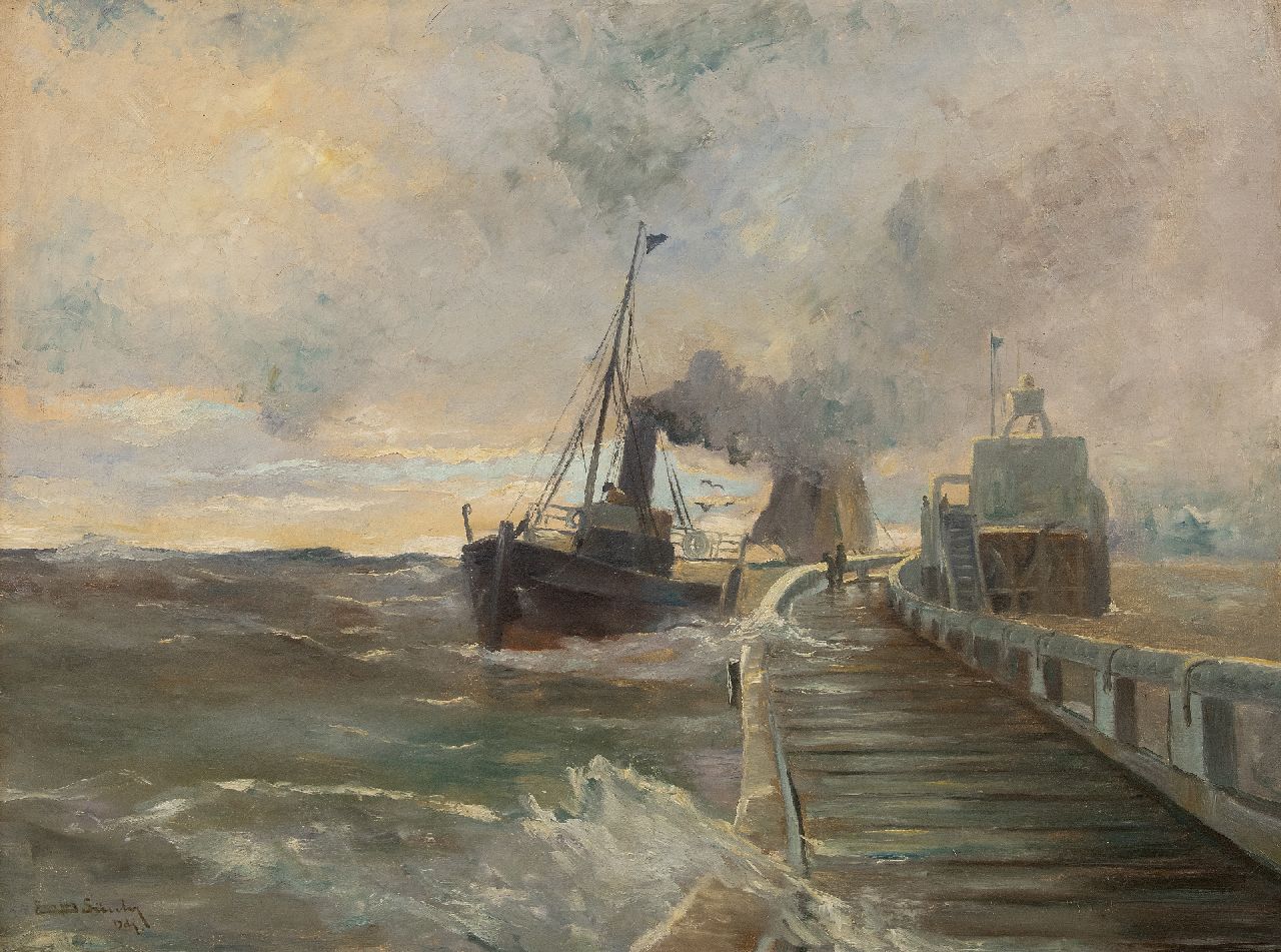 Günther E.C.W.  | 'Erwin' Carl Wilhelm Günther | Paintings offered for sale | Steamboat on a jetty in rough weather, oil on canvas 60.5 x 80.4 cm, signed l.l.