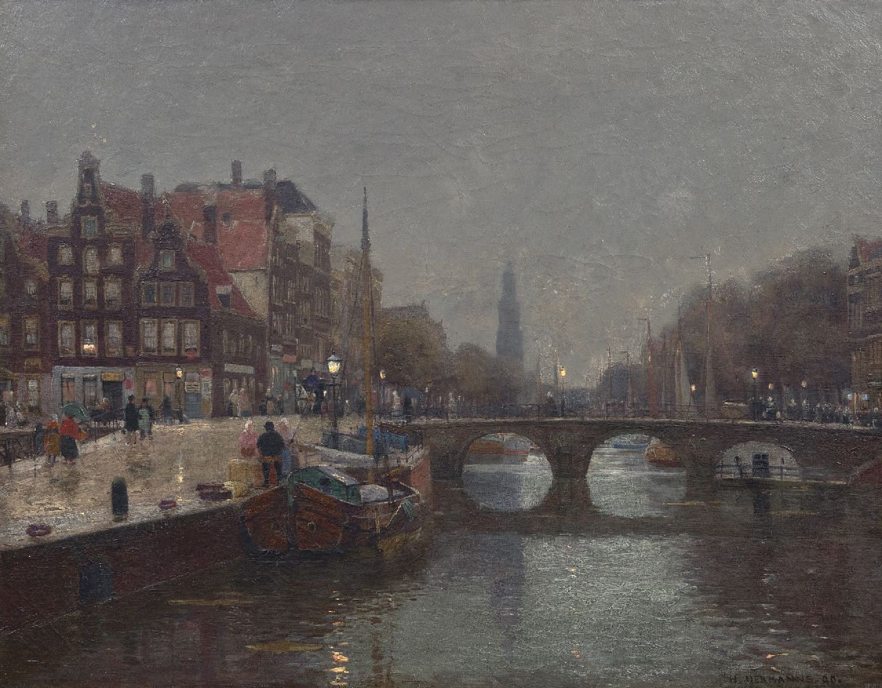 Hermanns H.  | Heinrich Hermanns | Paintings offered for sale | The Prinsengracht in Amsterdam on a rainy day, oil on canvas 55.8 x 70.7 cm, signed l.r. and dated '90