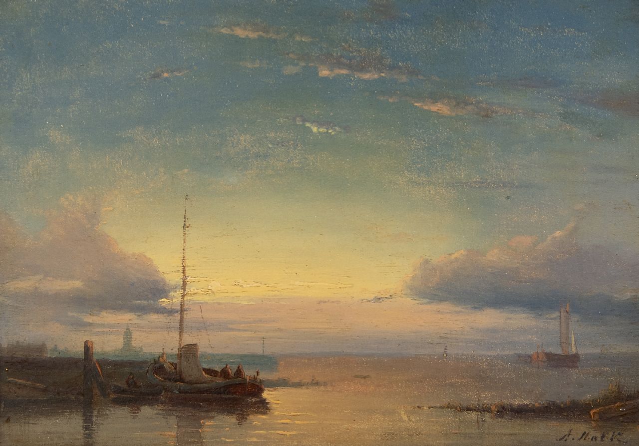 Hulk A.  | Abraham Hulk | Paintings offered for sale | Ships on calm seas at sunset, oil on panel 16.0 x 23.3 cm, signed l.r. and niet ingelijst