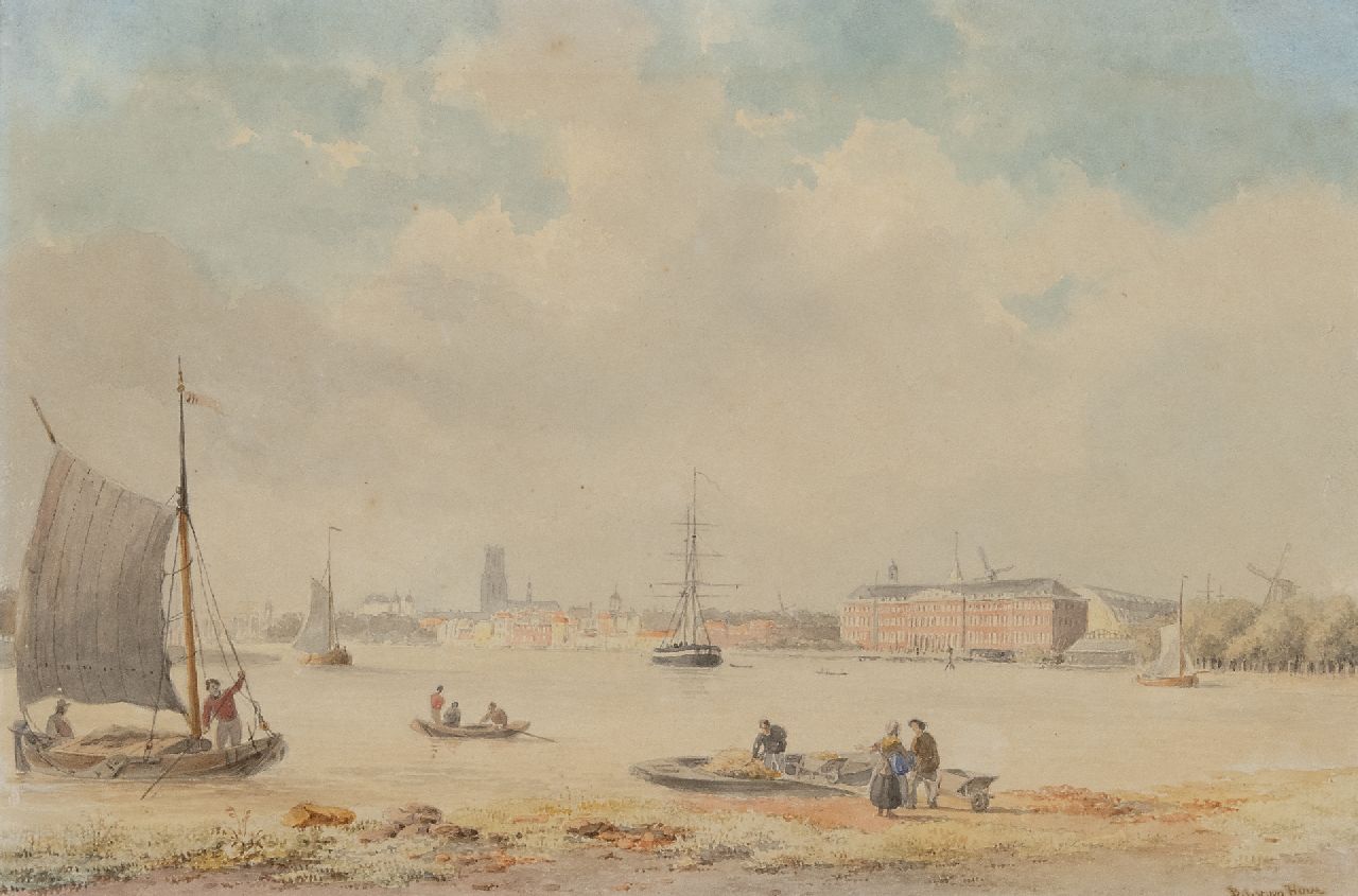 Hove B.J. van | Bartholomeus Johannes 'Bart' van Hove | Watercolours and drawings offered for sale | Shipping on the river near a city, watercolour on paper 24.0 x 35.0 cm, signed l.r.