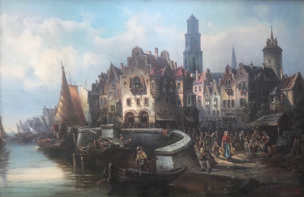 Howe L. van | L. van Howe | Paintings offered for sale | Activity in a city harbor, oil on canvas 98.0 x 143.0 cm, signed l.r.