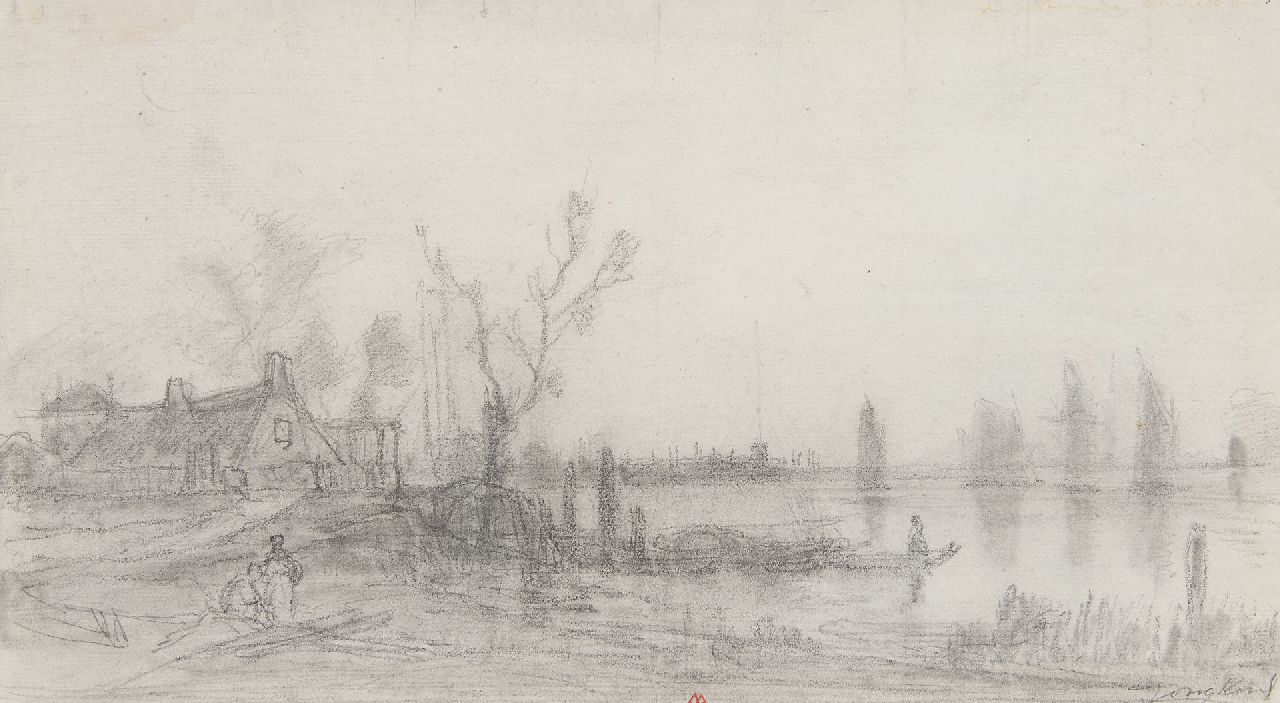 Jongkind J.B.  | Johan Barthold Jongkind | Watercolours and drawings offered for sale | A river view; on the reverse: A village, pencil on paper 17.5 x 30.5 cm, signed l.r.