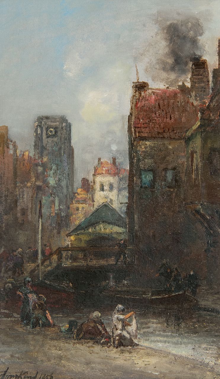 Jongkind J.B.  | Johan Barthold Jongkind | Paintings offered for sale | A view on the Weezenbrug and Vlasmarkt, Rotterdam, oil on panel 37.5 x 22.3 cm, signed l.l. and dated 1856