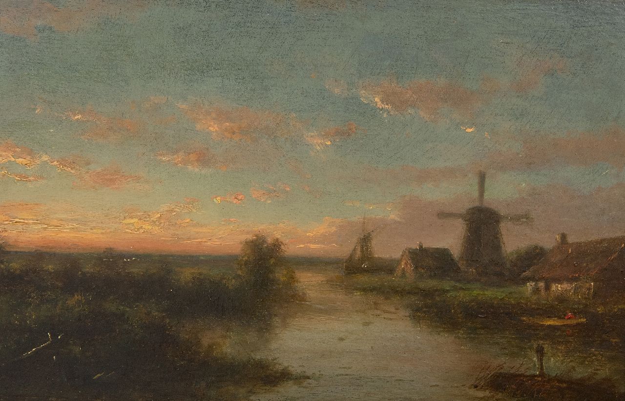 Kleijn L.J.  | Lodewijk Johannes Kleijn | Paintings offered for sale | A river landscape at sunset, oil on panel 19.1 x 30.6 cm, signed l.r.
