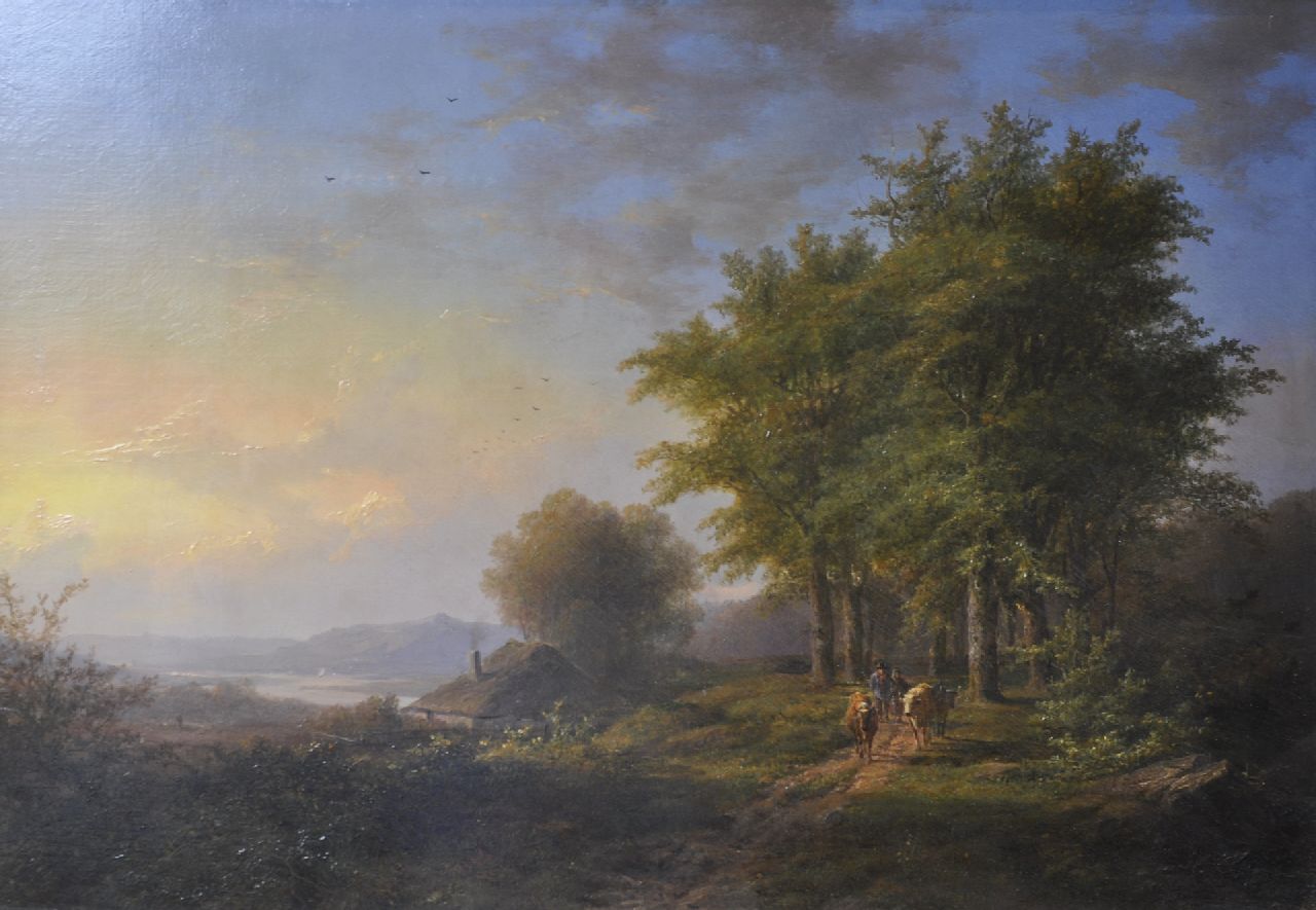 Klombeck J.B.  | Johann Bernard Klombeck | Paintings offered for sale | Shepherds and cattle on a wooded path, oil on panel 38.5 x 56.0 cm, signed l.r.