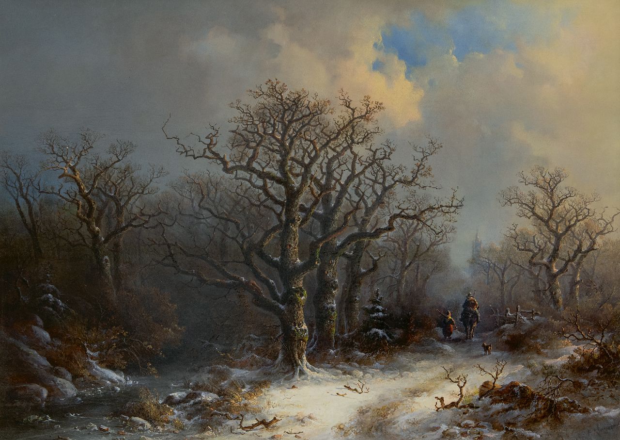 Kluyver P.L.F.  | 'Pieter' Lodewijk Francisco Kluyver | Paintings offered for sale | Country folk on a snowy forest path, oil on panel 61.2 x 84.4 cm, signed l.r.