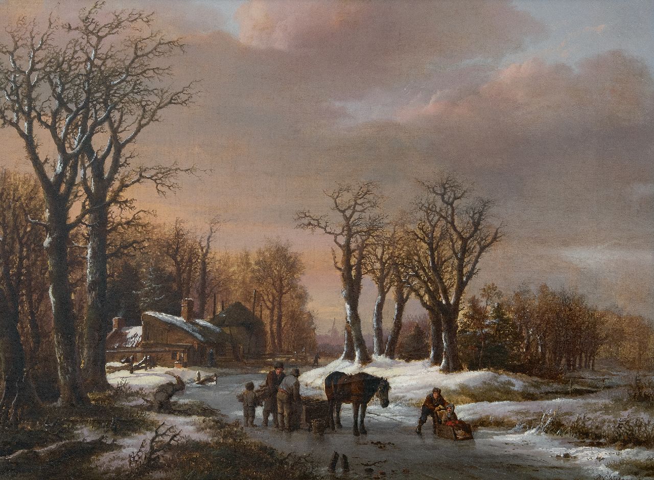Koekkoek B.C.  | Barend Cornelis Koekkoek | Paintings offered for sale | Winter landscape with horse sleigh on the ice, oil on canvas 44.0 x 58.0 cm, signed l.r. and dated 1824