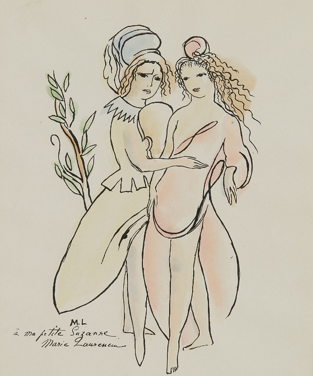 Laurencin M.  | 'Marie' Mélanie Laurencin | Watercolours and drawings offered for sale | Two women, pen, ink and watercolour on paper 25.0 x 21.5 cm, signed l.l. with initials