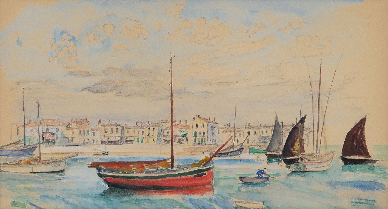 Lebasque H.  | Joseph 'Henri' Baptiste Lebasque, Red barge in Saint-Tropez harbour, pencil and watercolour on paper 24.0 x 44.7 cm, signed l.l.