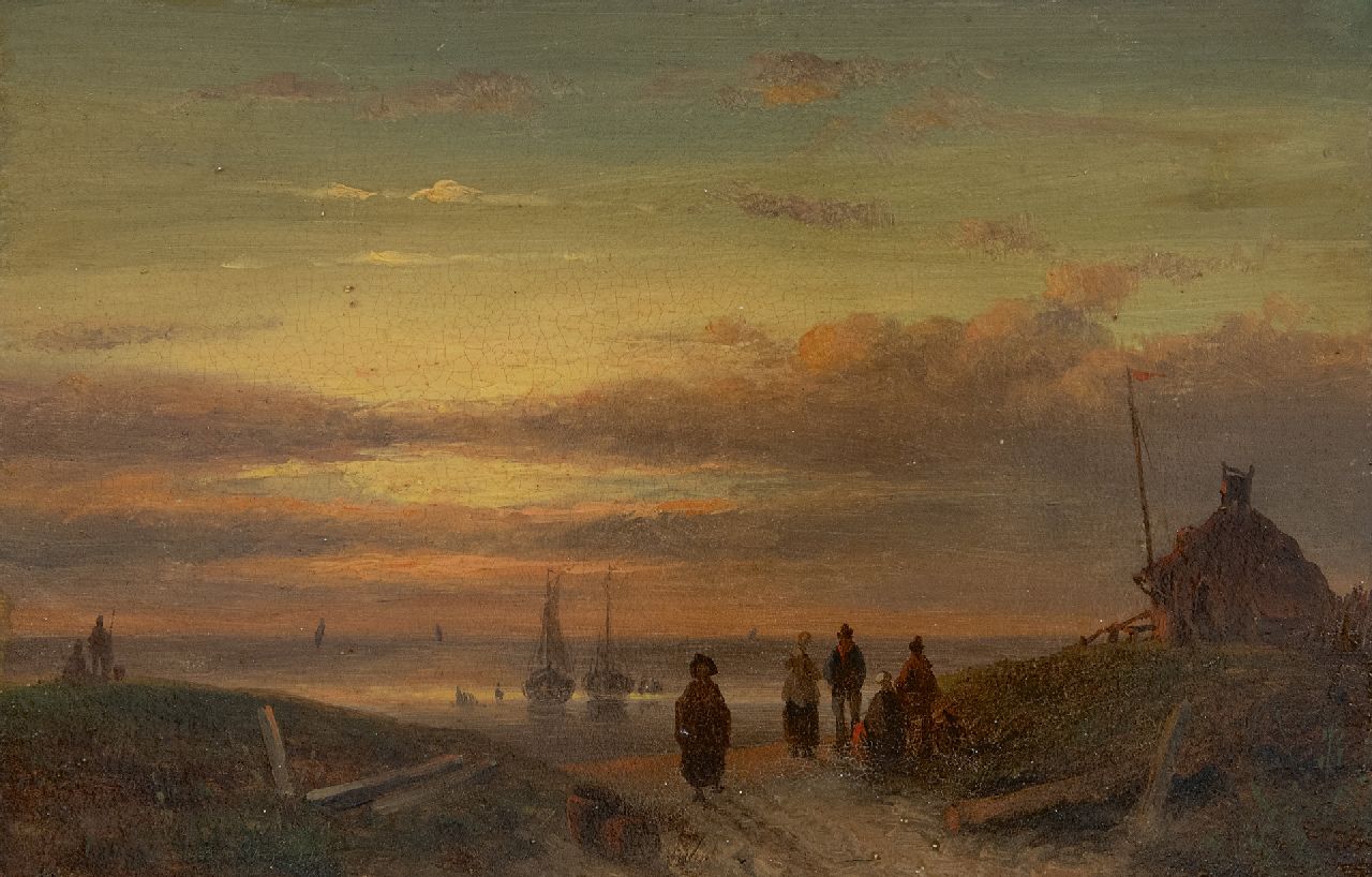 Leickert C.H.J.  | 'Charles' Henri Joseph Leickert | Paintings offered for sale | Evening landscape with fishermen near the beach, oil on panel 12.0 x 18.3 cm, signed l.l. with monogram