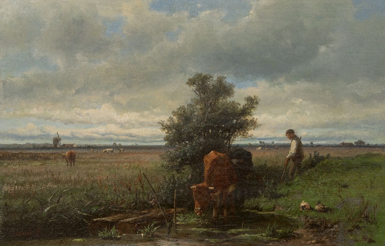 Mauve A.  | Anthonij 'Anton' Mauve | Paintings offered for sale | Drinking cows, oil on canvas 41.5 x 63.5 cm, signed l.l. and painted ca. 1870