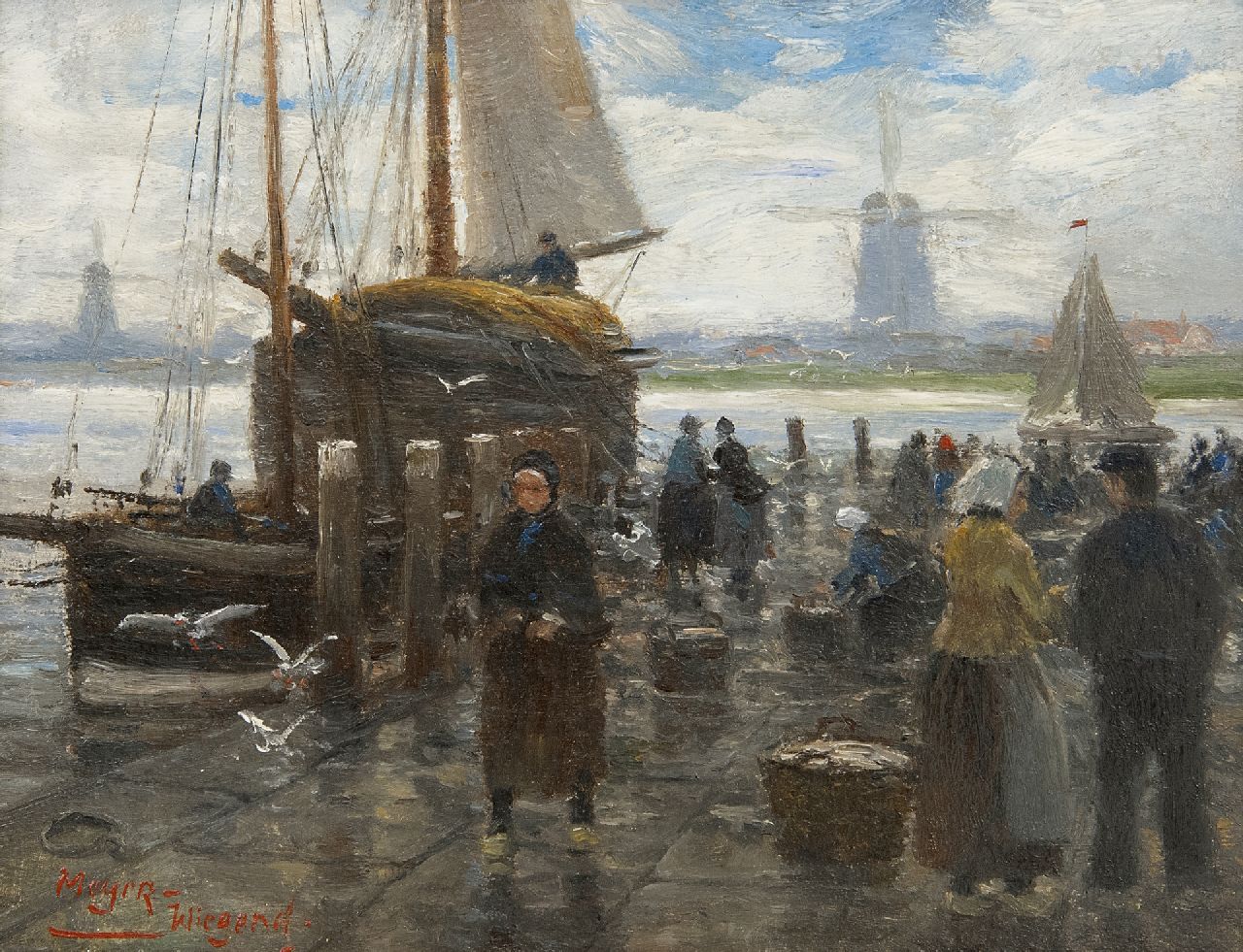 Meyer-Wiegand R.D.  | Rolf Dieter Meyer-Wiegand | Paintings offered for sale | Fishmarket on a quay, Holland, oil on panel 13.9 x 17.9 cm, signed l.l.