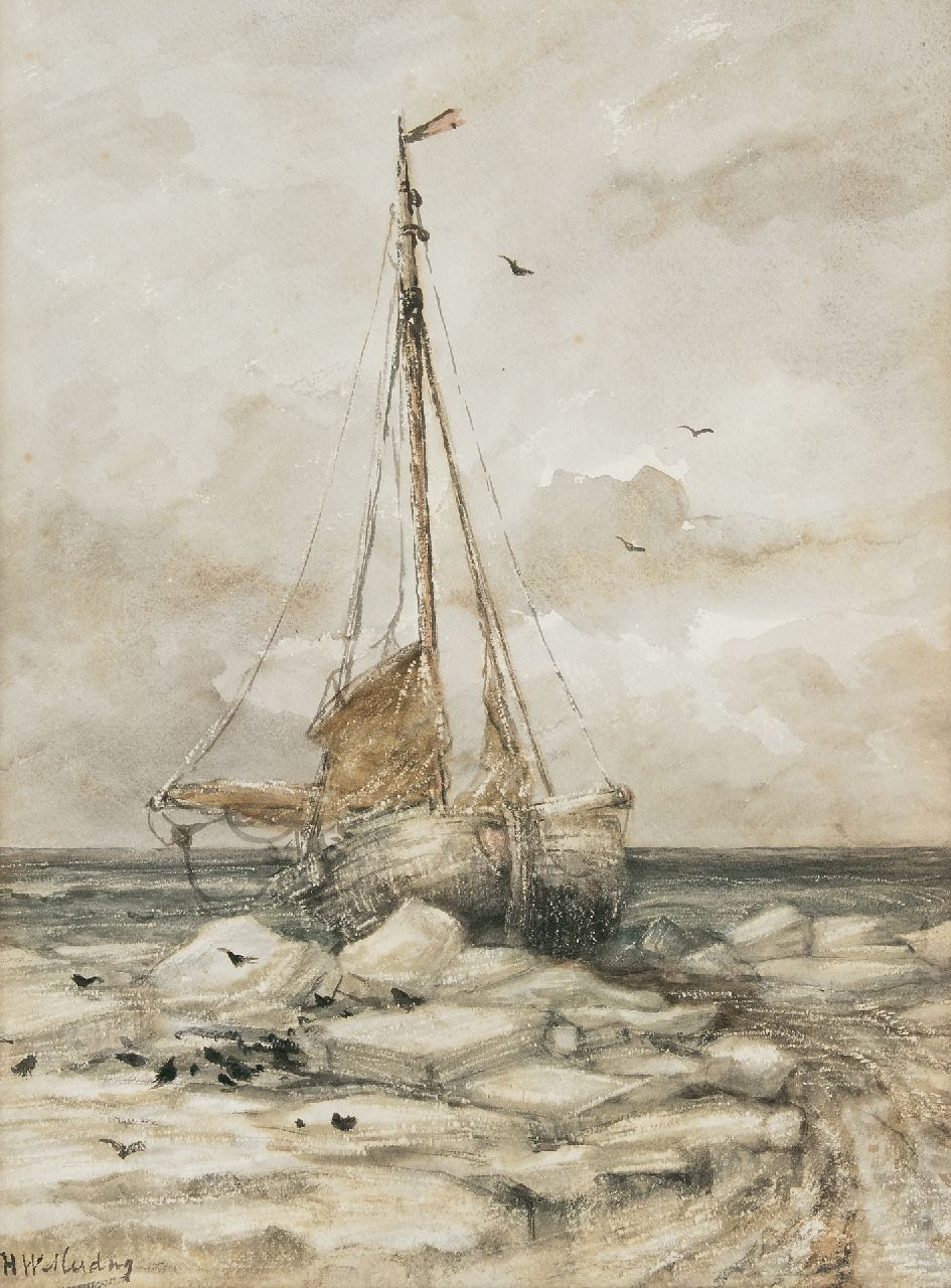 Mesdag H.W.  | Hendrik Willem Mesdag, Fishing boat on the beach between ice floes, watercolour on paper 53.0 x 39.7 cm, signed l.l. and painted ca. 1891