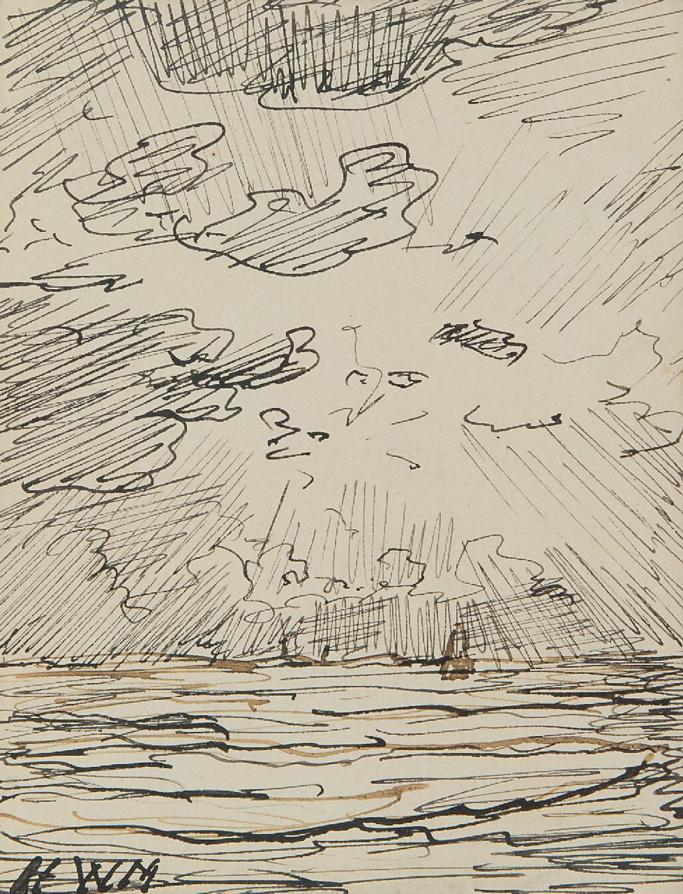 Mesdag H.W.  | Hendrik Willem Mesdag, Bomb barge on the high seas at sunset, pen and Indian ink on paper 12.0 x 9.5 cm, signed l.l. with initials