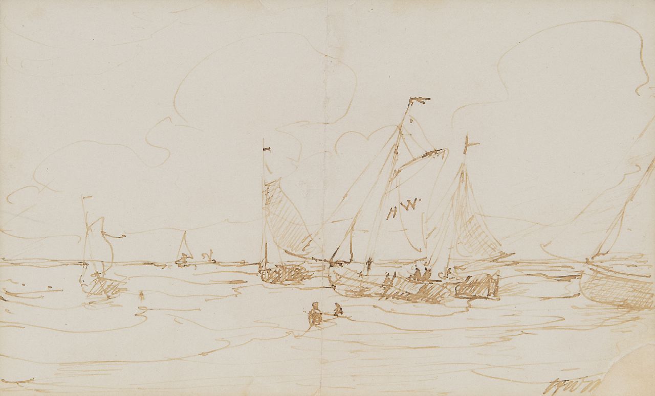 Mesdag H.W.  | Hendrik Willem Mesdag, Lineman and bomb barges in the surf, pen and ink on paper 11.5 x 18.0 cm, signed l.r. with initials