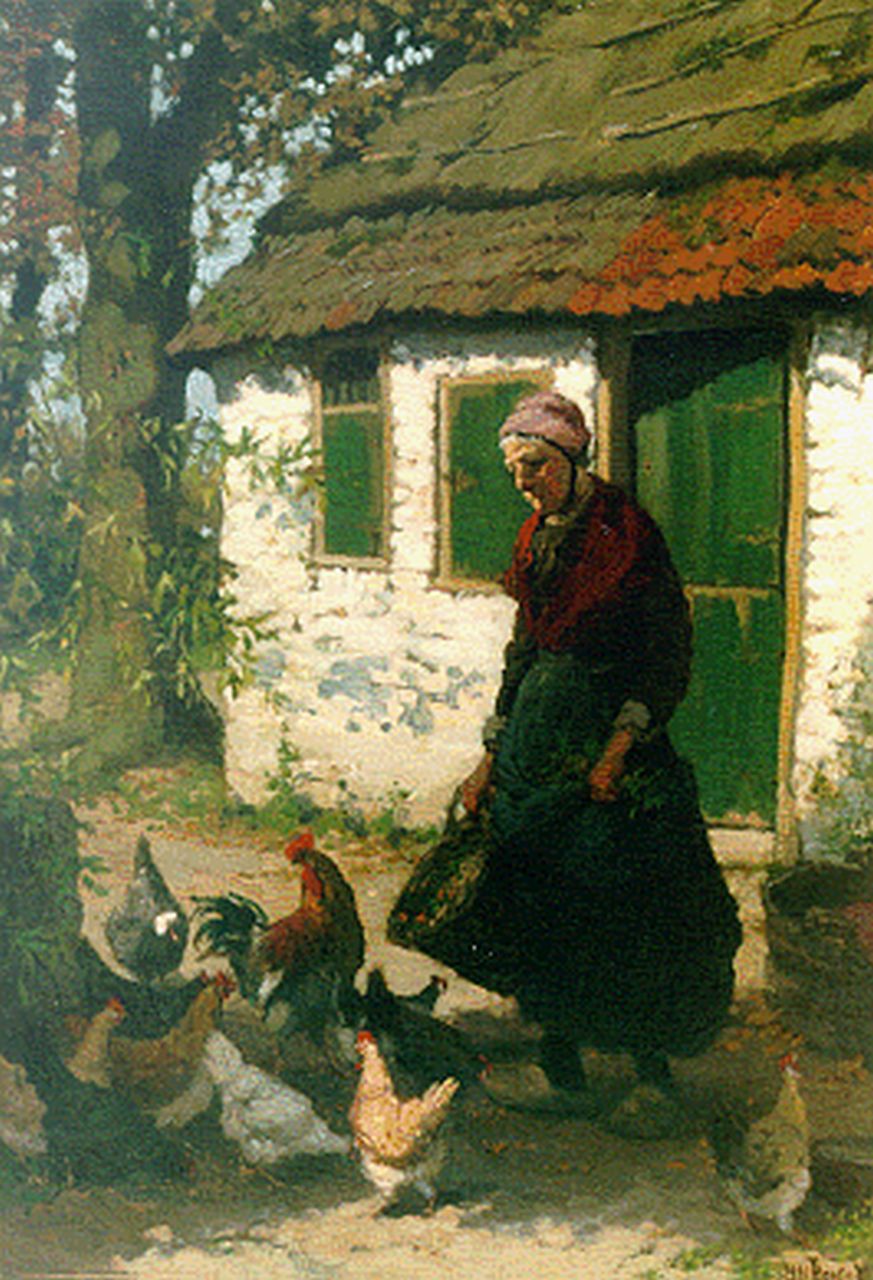 Horrix H.M.  | Hendrikus Matheus 'Mathieu' Horrix, Feeding the chickens, oil on canvas 54.7 x 38.7 cm, signed l.r.