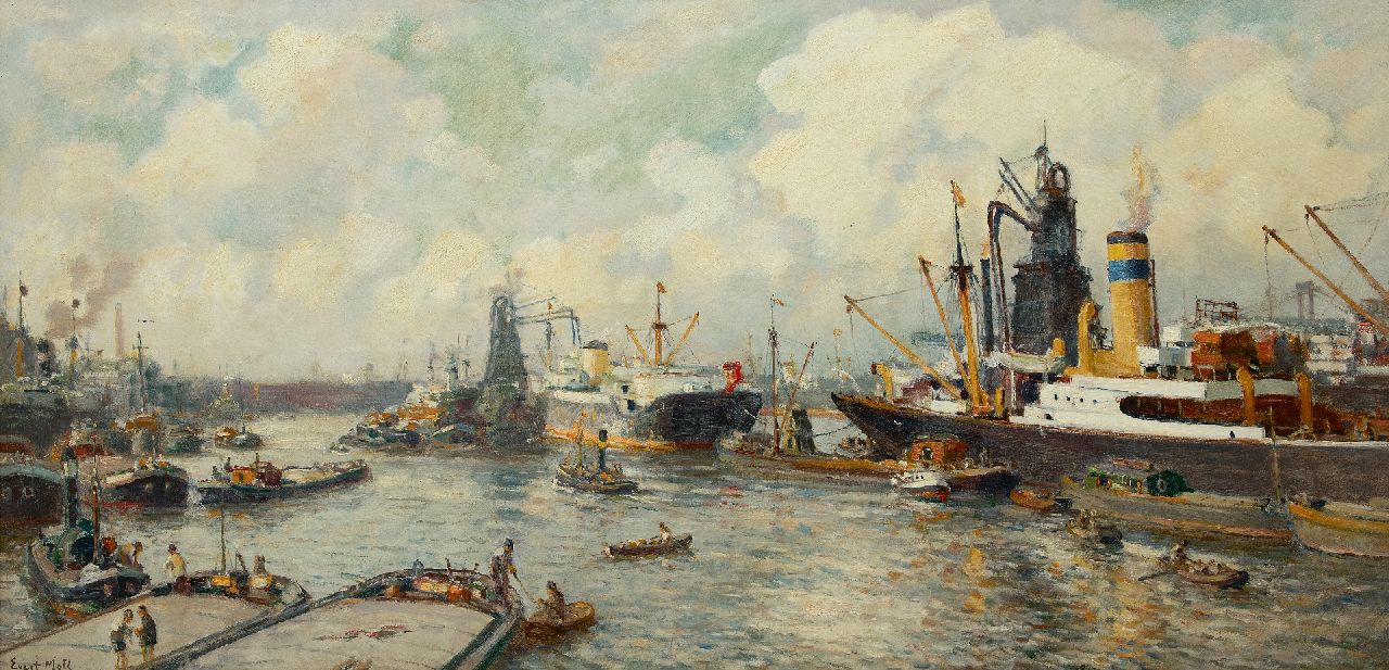 Moll E.  | Evert Moll | Paintings offered for sale | A view of the Maashaven, Rotterdam, oil on canvas 81.0 x 164.5 cm, signed l.l.