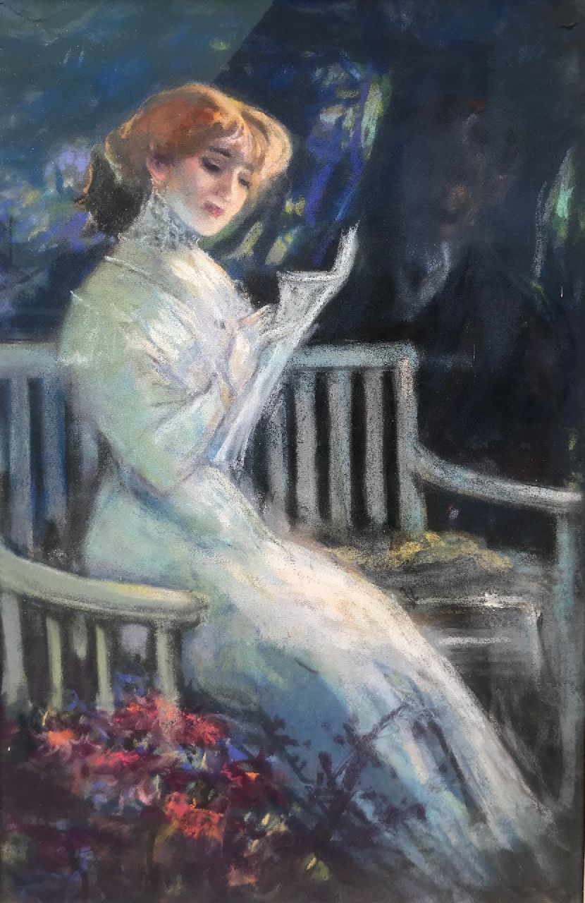 Onbekend   | Onbekend | Watercolours and drawings offered for sale | Woman reading in the garden, pastel on paper 49.0 x 32.0 cm, signed l.l. with monogram