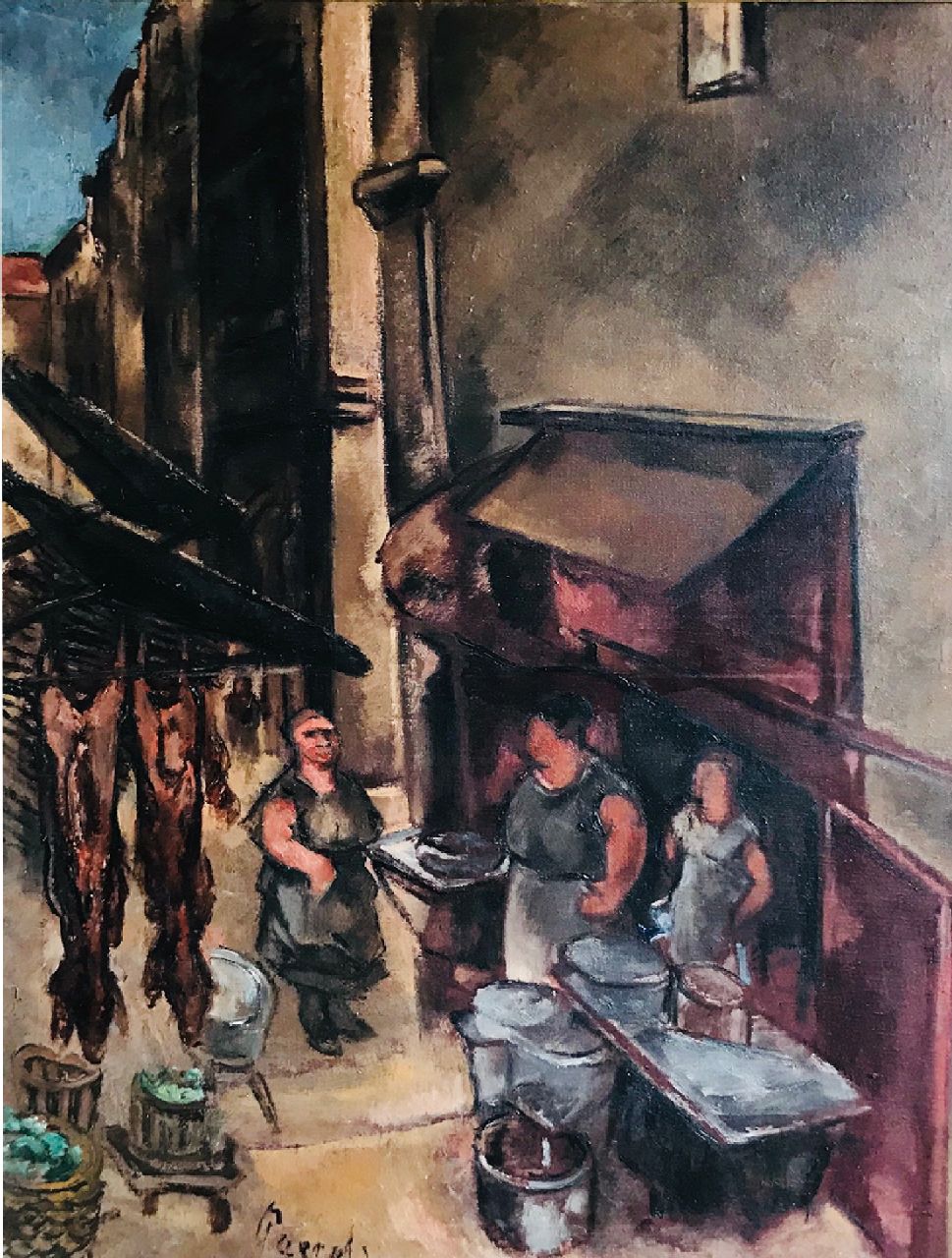 Paerels W.A.  | 'Willem' Adriaan Paerels | Paintings offered for sale | Old neighborhood with butcher and figures, oil on canvas 80.3 x 60.0 cm, signed l.l. and te dateren ca. 1922-1928