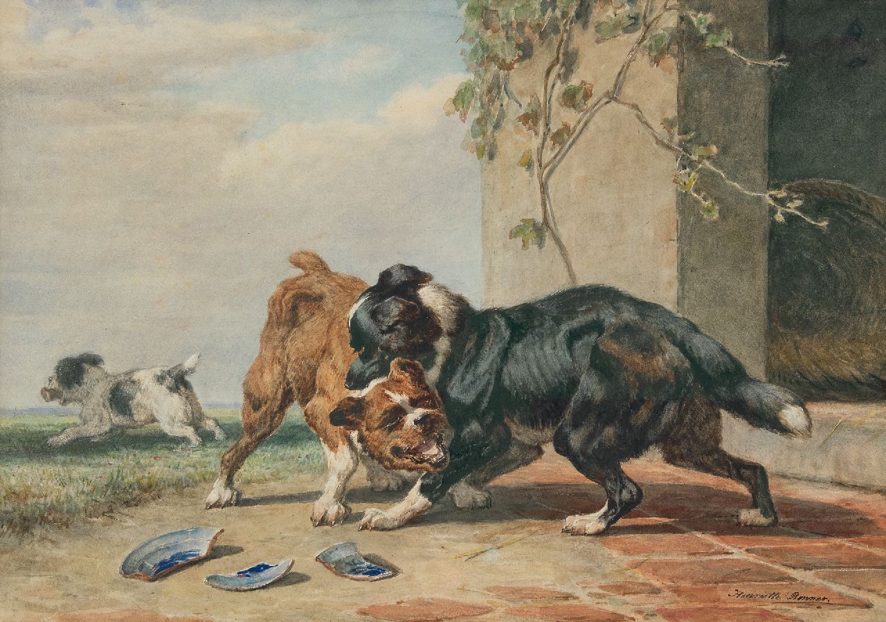 Ronner-Knip H.  | Henriette Ronner-Knip | Watercolours and drawings offered for sale | While two dogs are fighting for a bone..., watercolour on paper 45.5 x 65.0 cm, signed l.r.