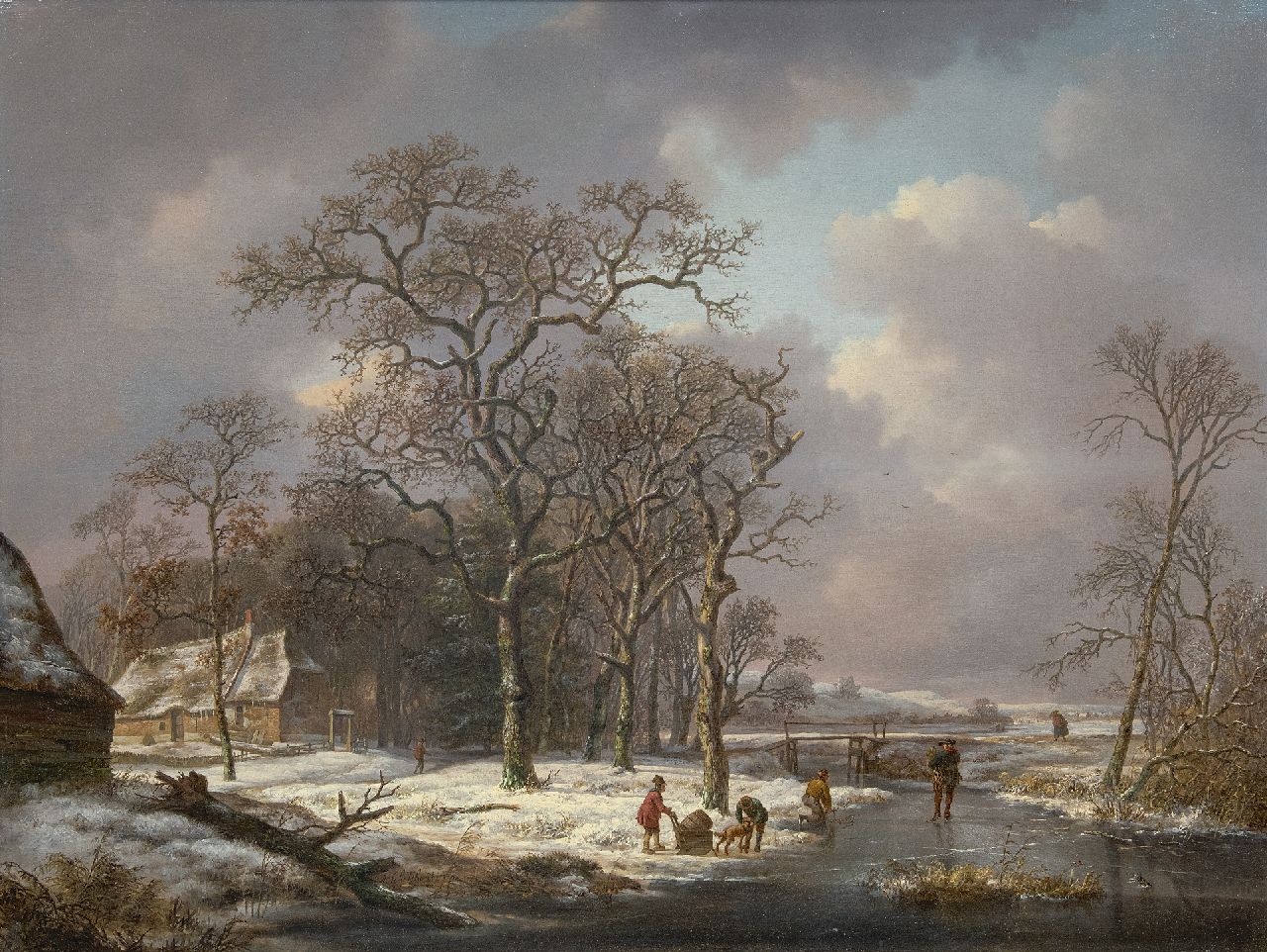 Schelfhout A.  | Andreas Schelfhout | Paintings offered for sale | A snowy landscape with figures on a frozen ditch, oil on panel 53.2 x 71.0 cm, signed l.c. and painted ca. 1815-1820